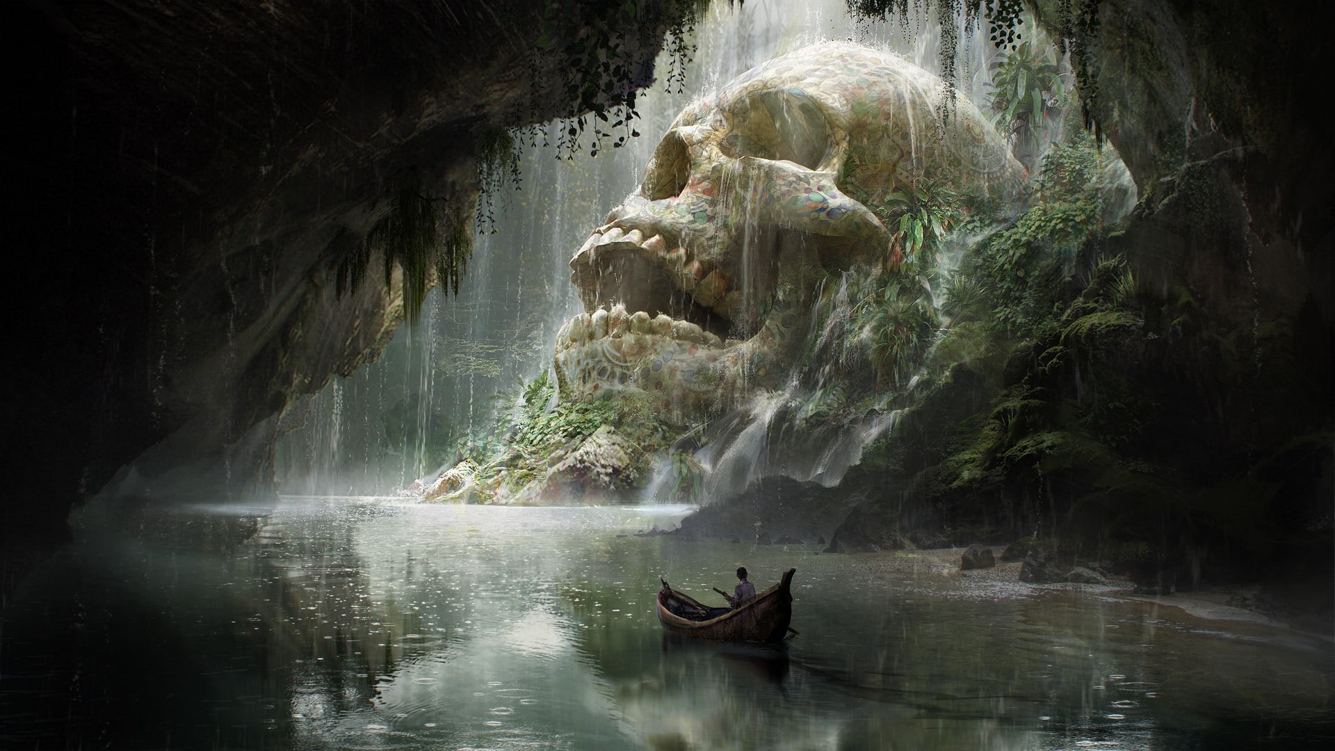 Quentin Mabille, digital art, fantasy art, artwork, water, landscape, 1080P, cave, boat, skull, HD Wallpaper