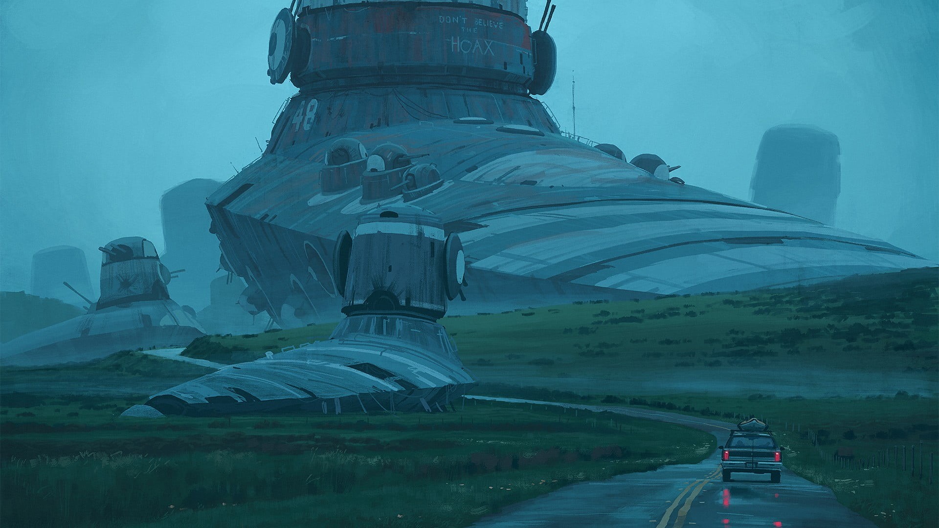 outdoors, day, sky, science fiction, motor vehicle, architecture, screenshot, spaceship, car, fog, 1080P, city, Simon Stålenhag, game, war, digital art, HD Wallpaper