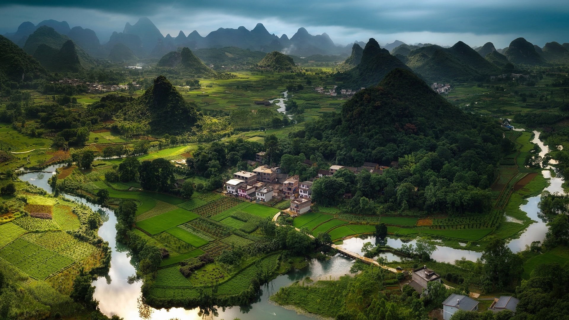 asia, scenics - nature, building, china, yangshuo, cuiping wuzhi hill, tree, guilin, farm, tranquil scene, high angle view, tranquility, nature, field, HD Wallpaper