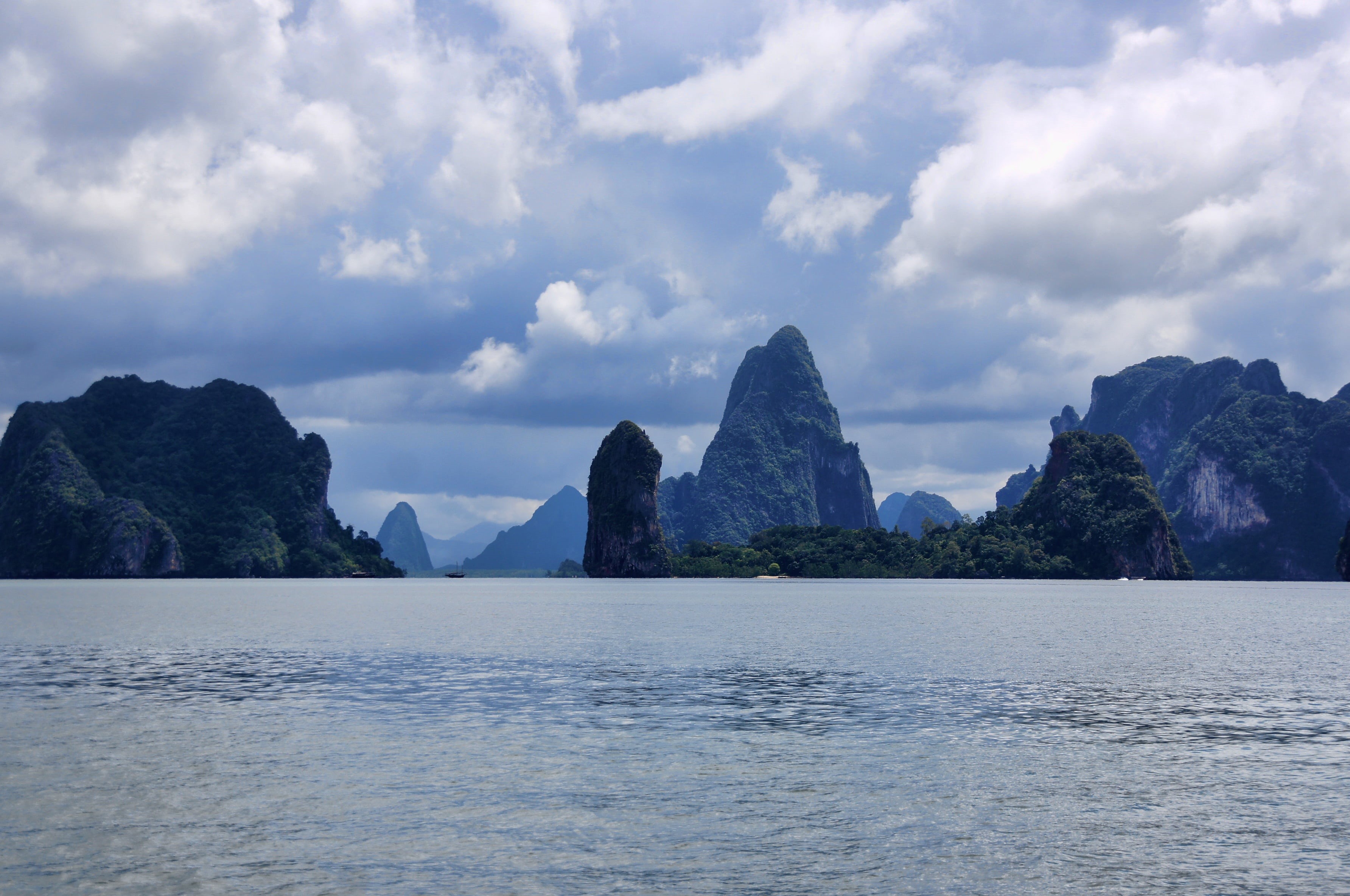 no people, nautical Vessel, beauty in nature, rock, scenics - nature, holiday, water, day, sea island, leaf, clouds, idyllic, ship, li River, travel destinations, HD Wallpaper