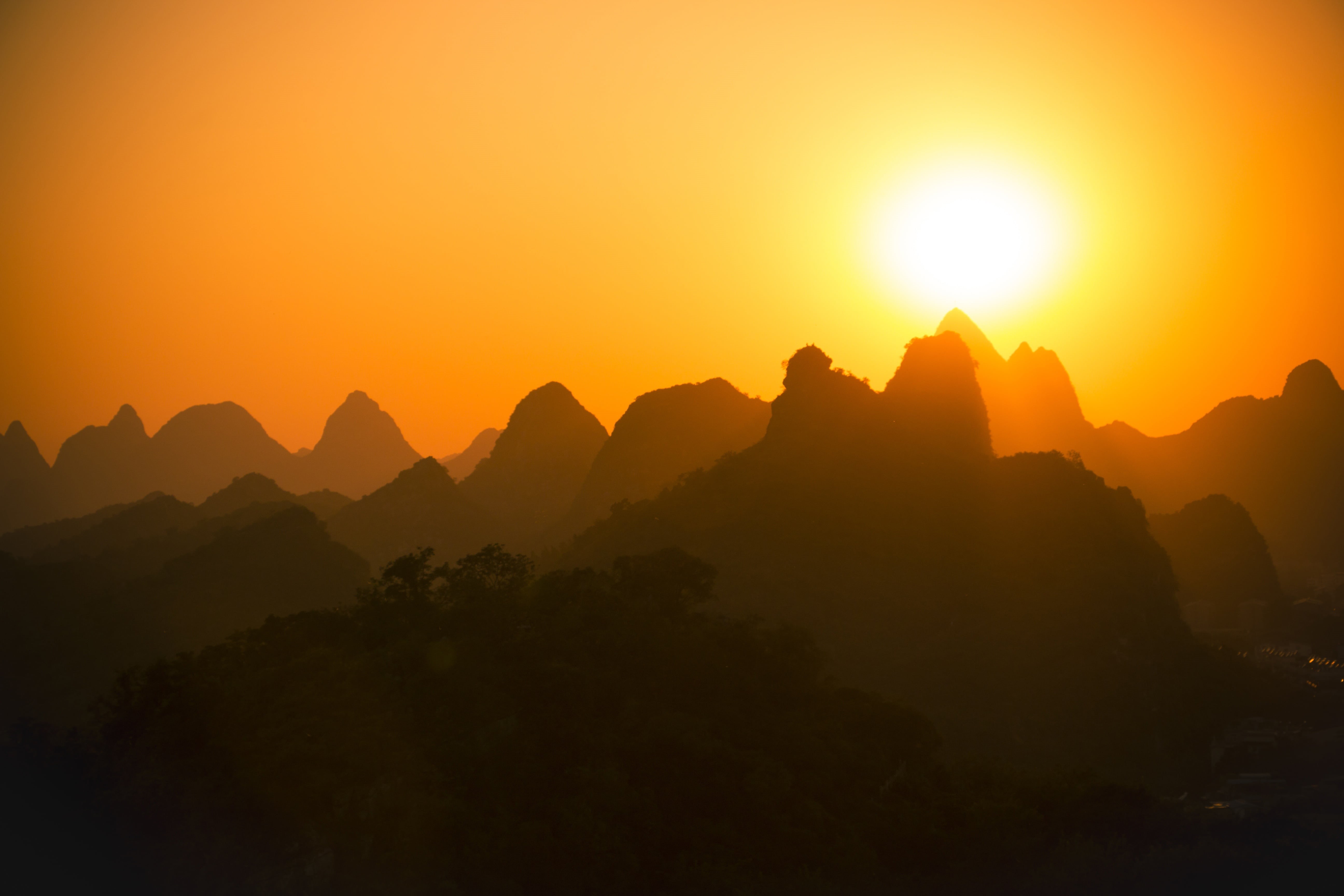 mountain range, no people, china - East Asia, outdoors, landscape, idyllic, sunset, karst Formation, silhouette, mountain, asia, sky, guangxi Zhuang Autonomous Region - China, HD Wallpaper