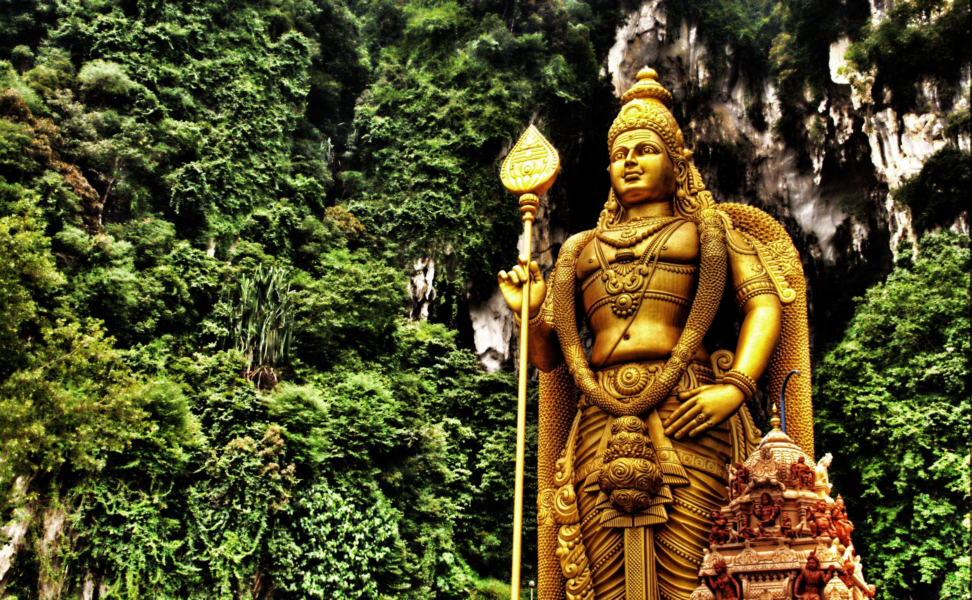 belief, green color, Malaysia, Statue, day, spirituality, creativity, tree, Temple, plant, Golden, building, sculpture, male likeness, no people, Murugan, HD Wallpaper