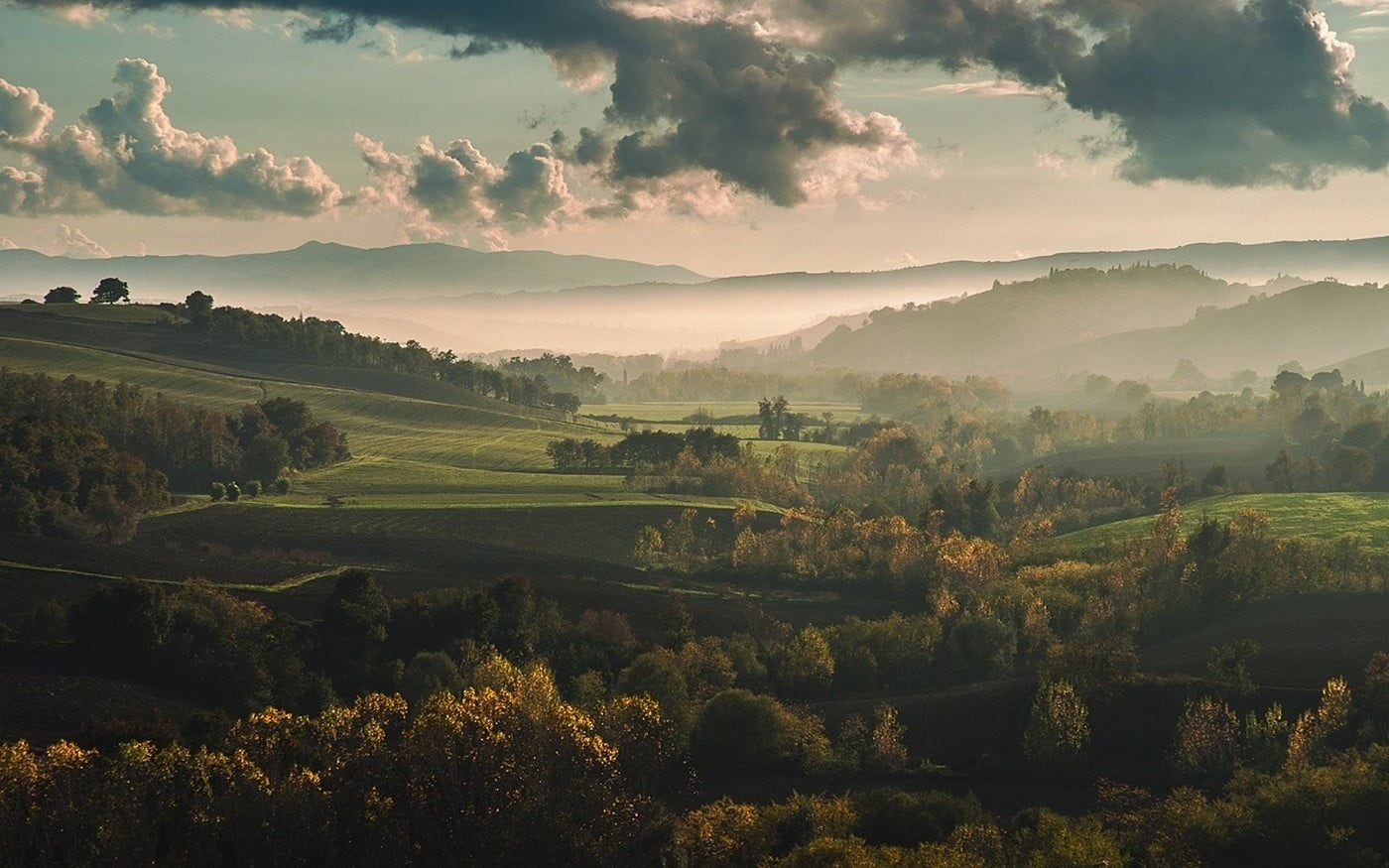 idyllic, dawn, landscaped, sky, plant, mountain, valley, fall, sun, outdoors, mountains, green Color, Italy, beauty In Nature, tree, brown, forest, land, HD Wallpaper
