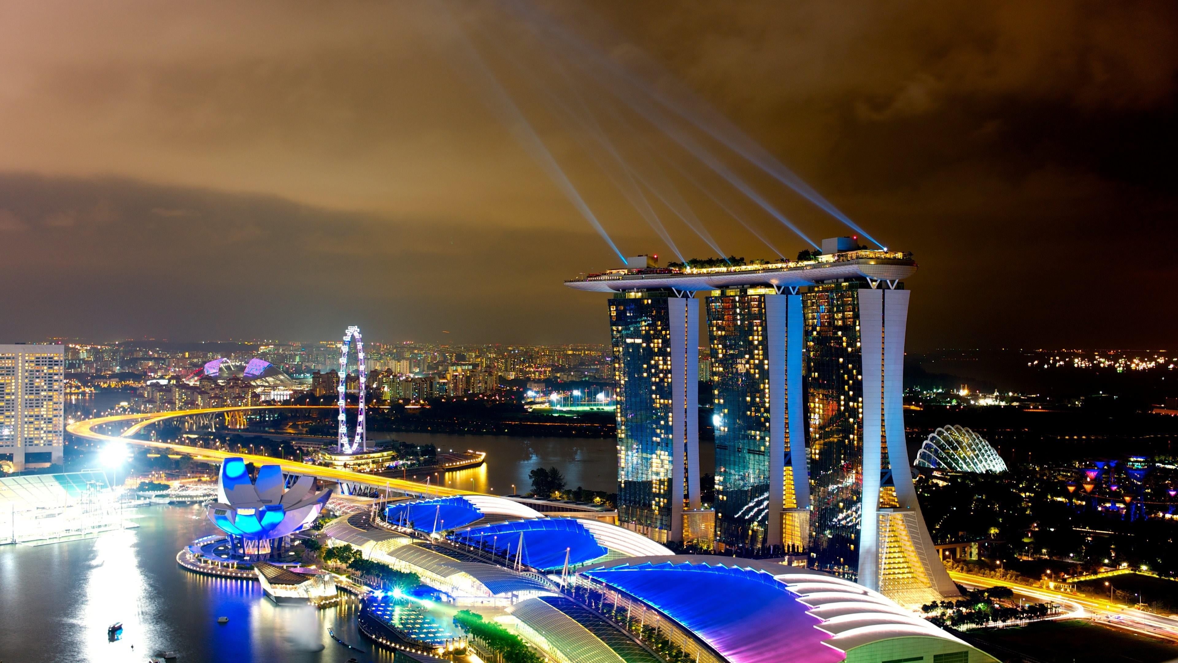 office building exterior, outdoors, asia, no people, marina bay, illuminated, transportation, city lights, sky, skyline, light - natural phenomenon, building, HD Wallpaper