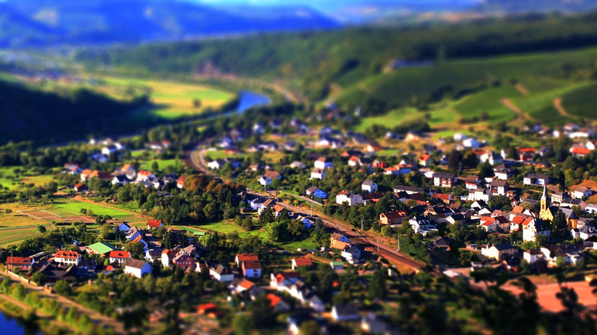 rural Scene, red, land, landscaped, europe, high angle view, blue, view, residential district, building, green Color, plant, trees, tree, agriculture, no people, HD Wallpaper