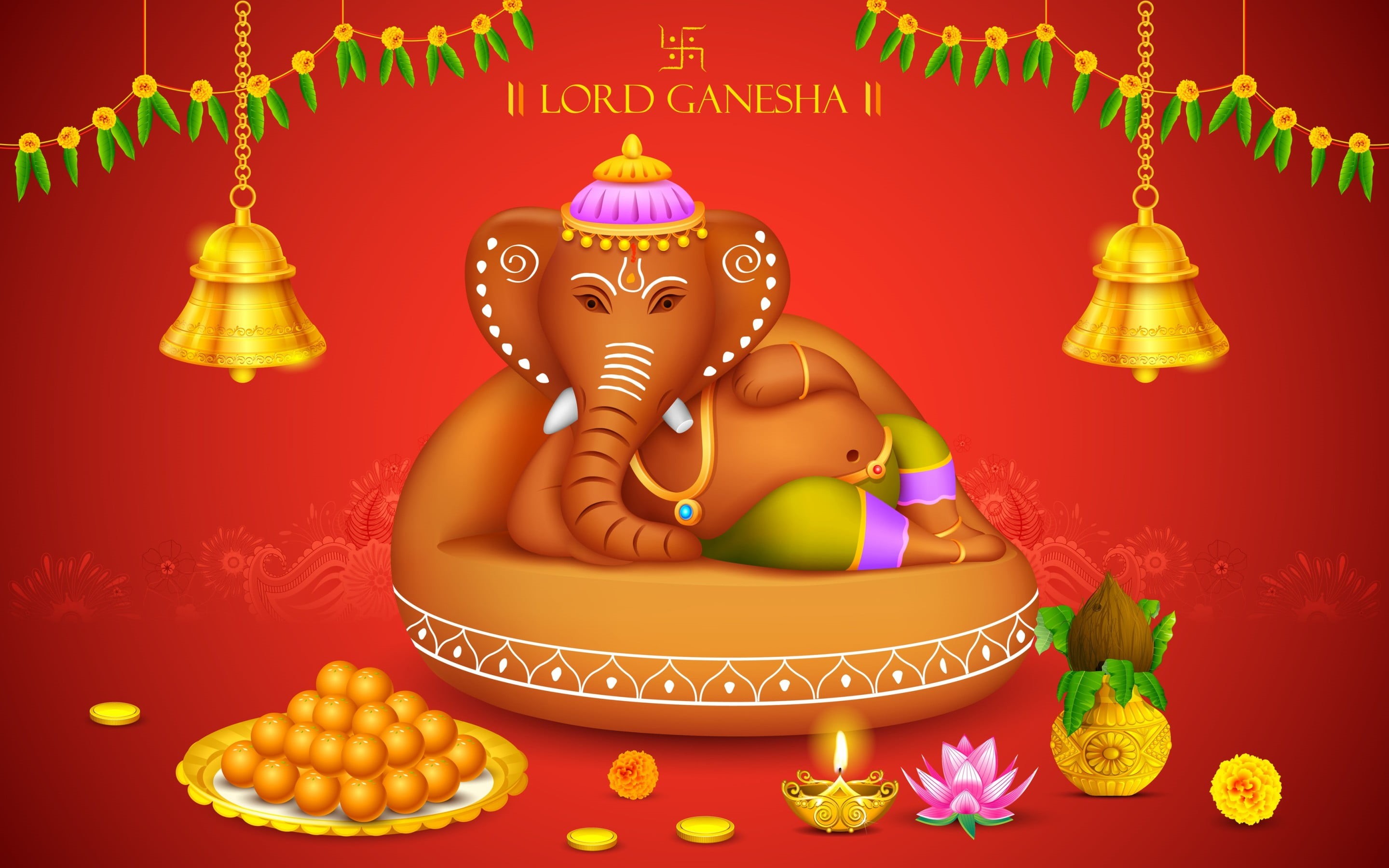 festival, belief, 2K, holiday, electric lamp, sweet, decoration, event, nature, sweet food, lighting equipment, ganesh, spirituality, ganesha, multi colored, HD Wallpaper