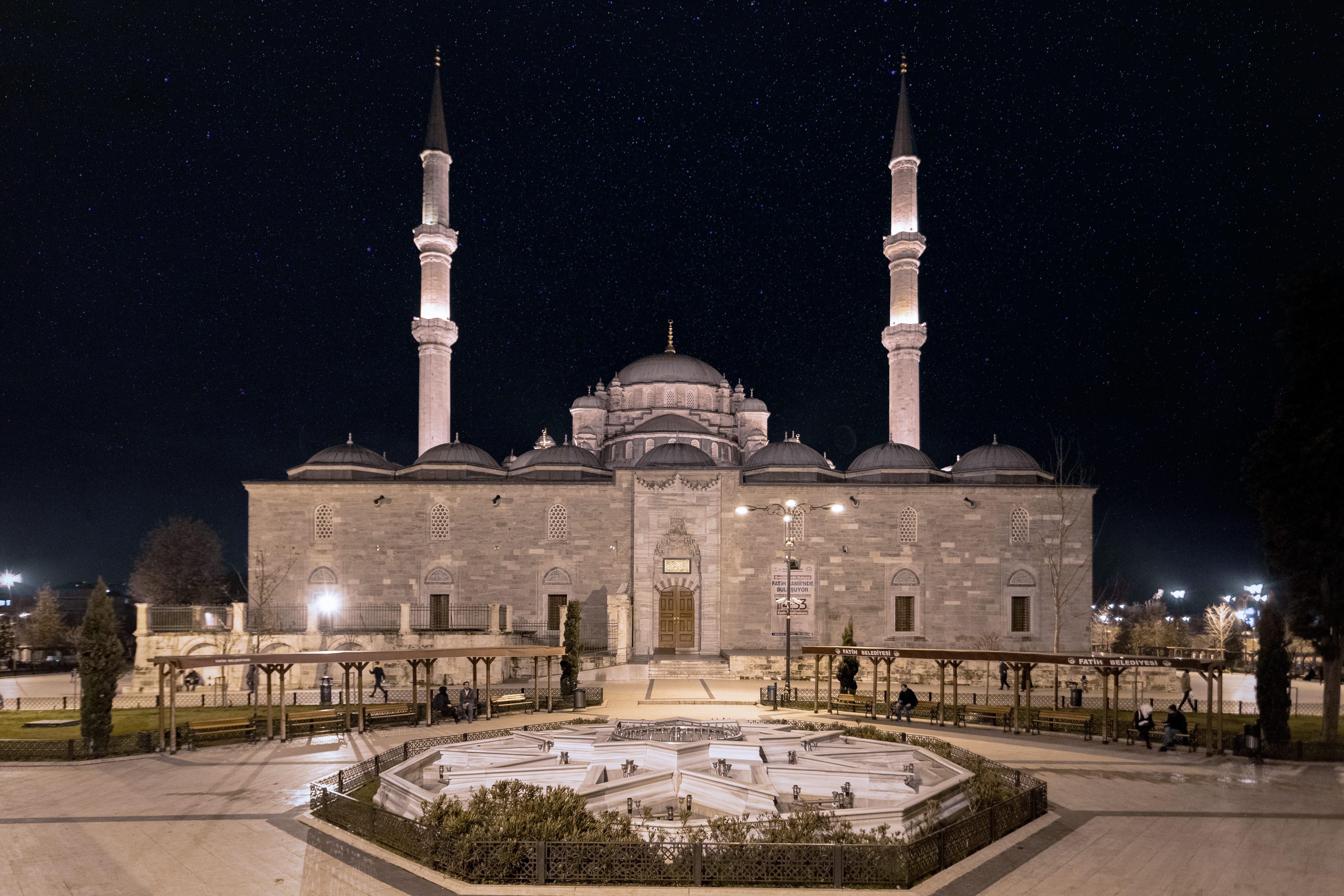 built structure, Istanbul, incidental people, belief, Ottoman, tourism, nature, Fatih Camii, illuminated, spirituality, dome, architectural column, Turkey, HD Wallpaper