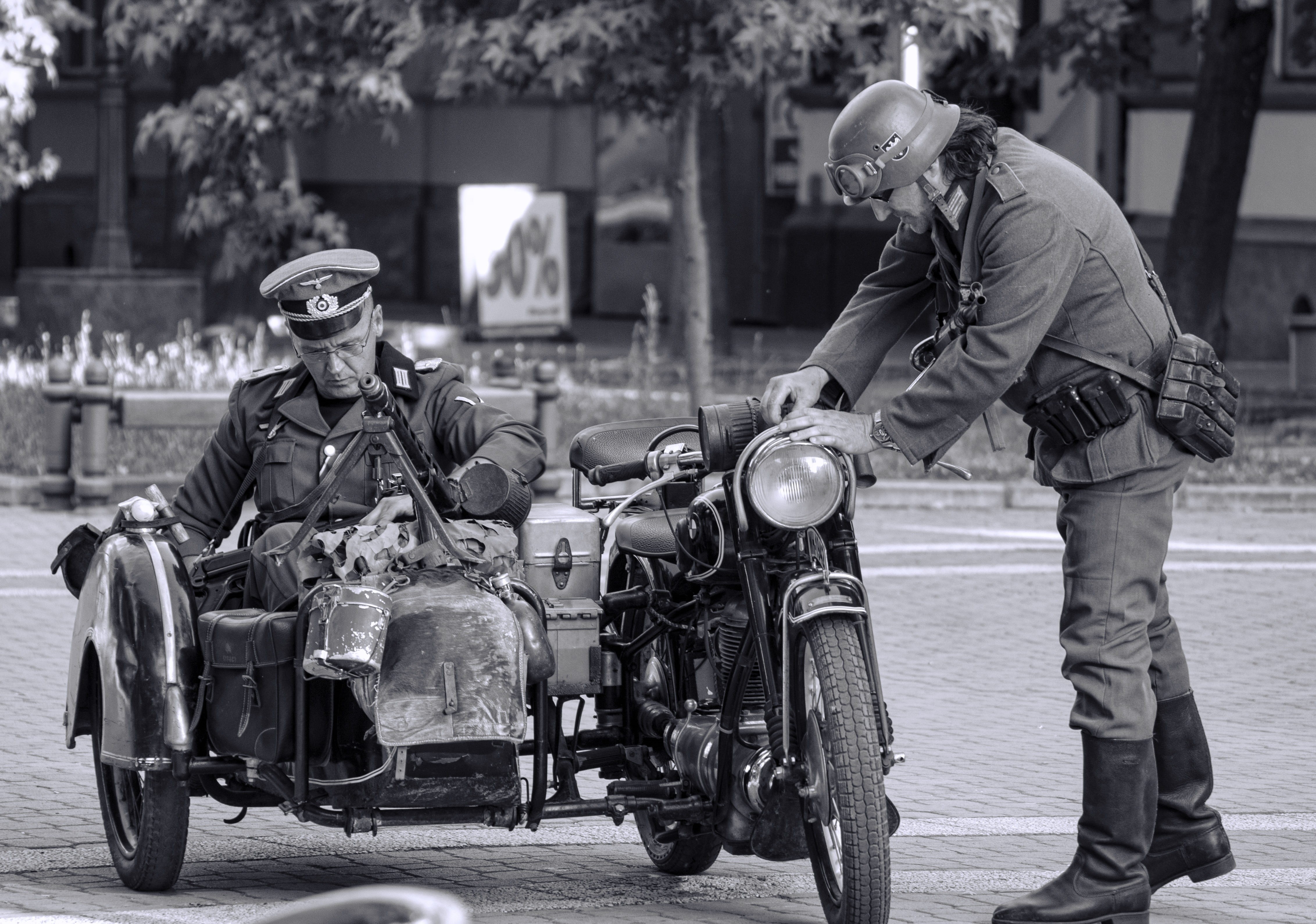 helmet, street, transportation, man, history, german, standing, battle, infantry, photo, military, males, outdoors, mature men, near, riding, soldier, wwii, HD Wallpaper