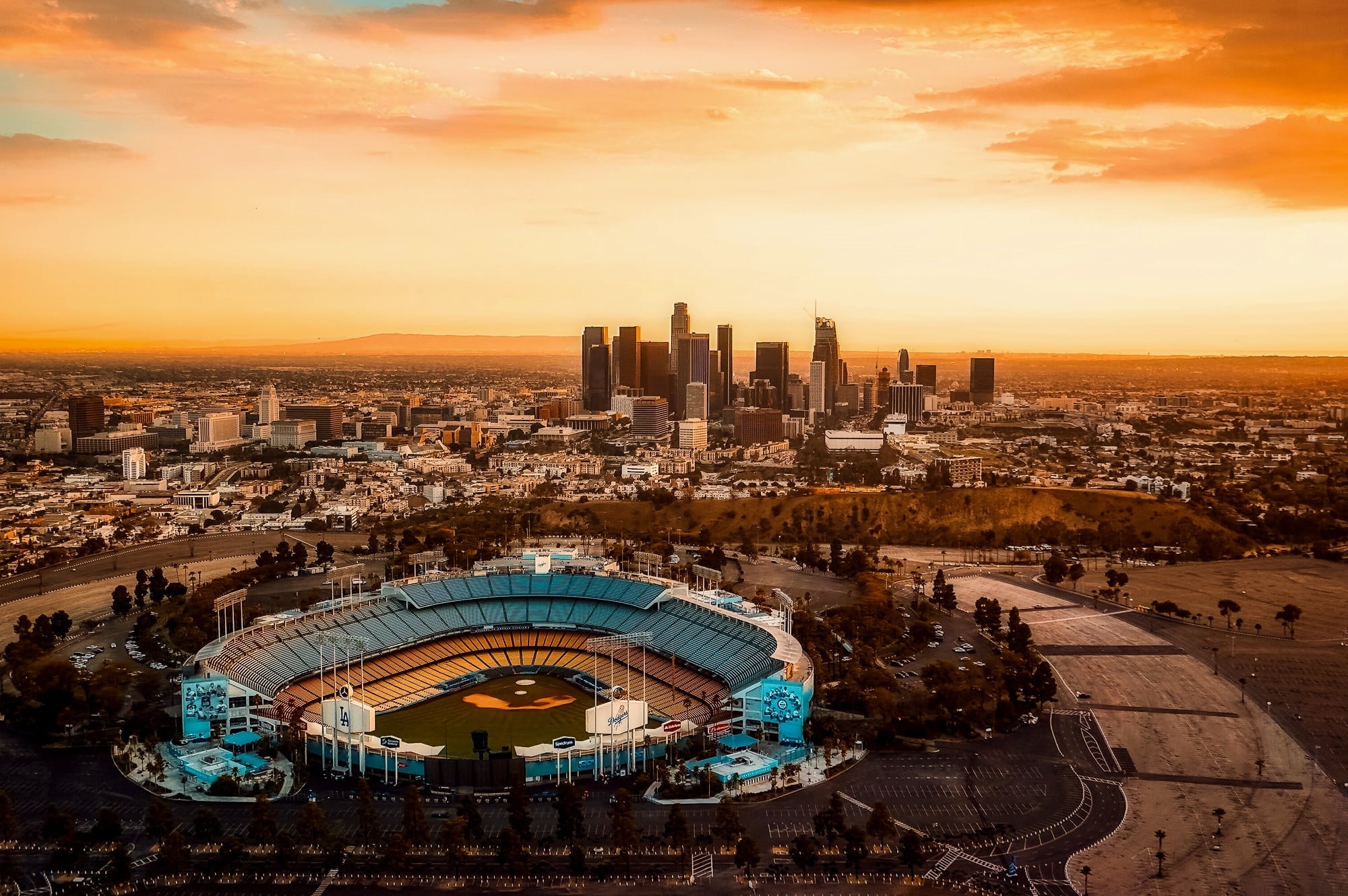 los angeles, scenic, sky, urban, orange color, baseball, black, overlooking, skyline, travel destinations, sunset, california, hdr, buildings, building exterior, HD Wallpaper