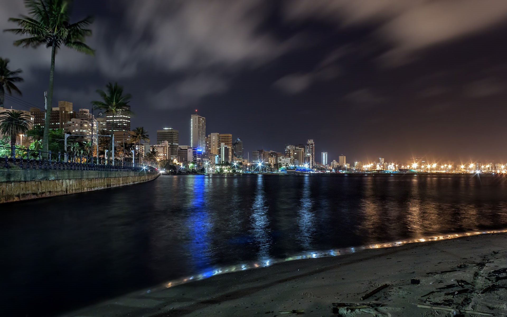cityscape, durban, 1080P, beach, hd, night, skyscrapers, buildings, lights, HD Wallpaper