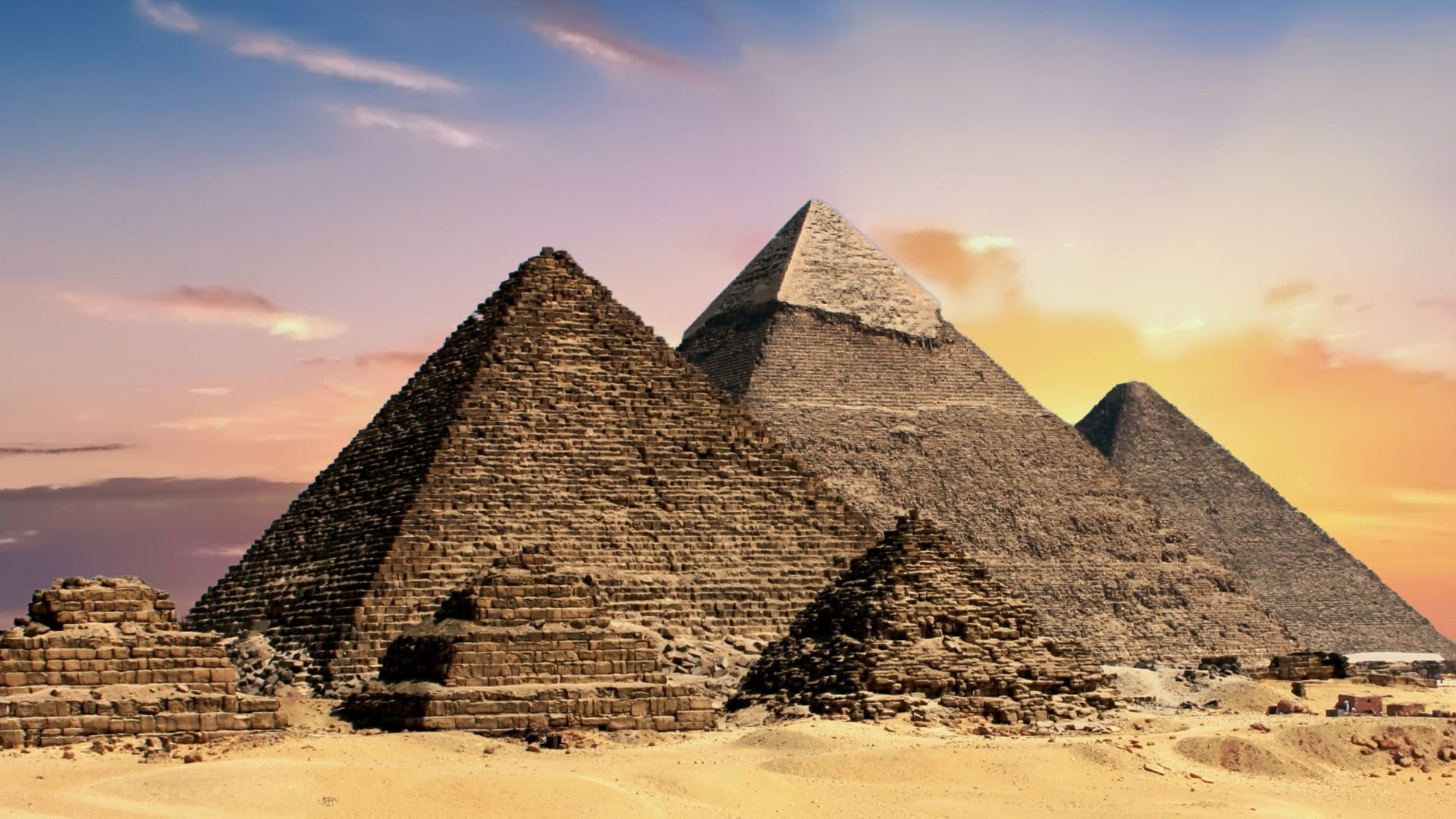 great pyramids, cloud - sky, ancient, sunset, sky, building exterior, travel destinations, landscape, archaeology, landmark, old, giza, sand, land, 1080P, HD Wallpaper