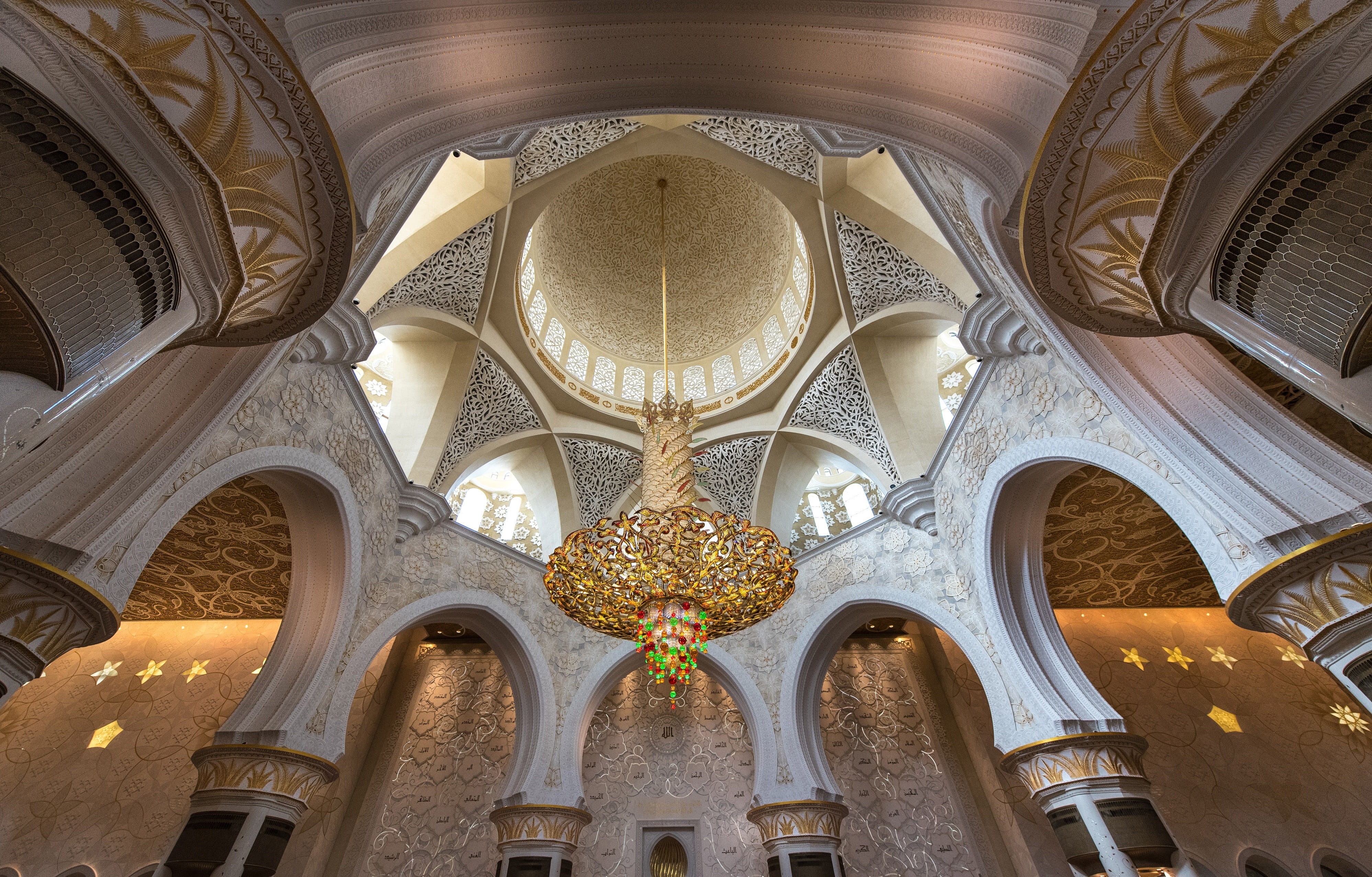 Mosque, Abu Dhabi, United Arab Emirates, cupola, church, building exterior, UAE, low angle view, christianity, tourism, emirates, indoors, religion, architectural column, HD Wallpaper