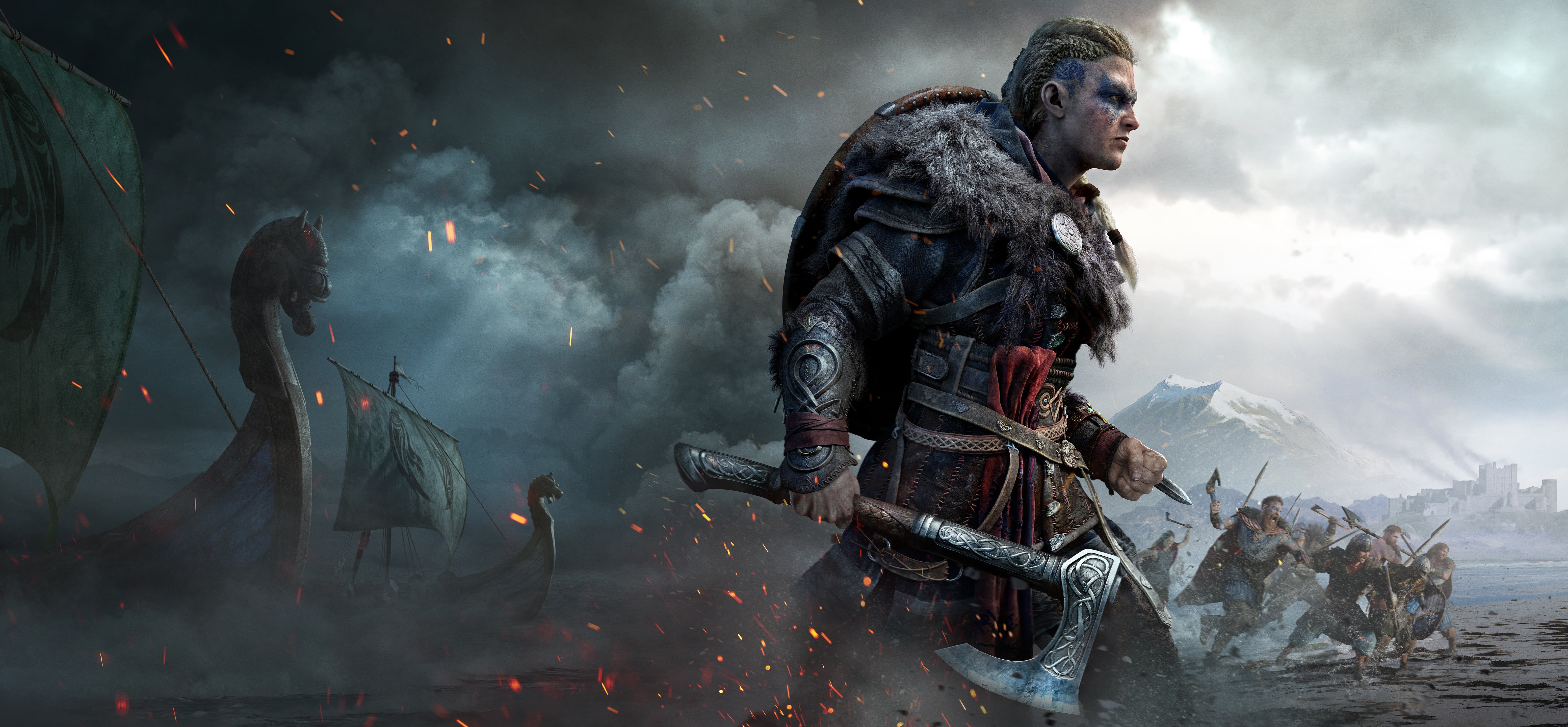 5K, shield, ultra-wide, boat, ultrawide, video game art, sea, digital art, Axe, Assassins Creed: Valhalla, viking, video games, HD Wallpaper