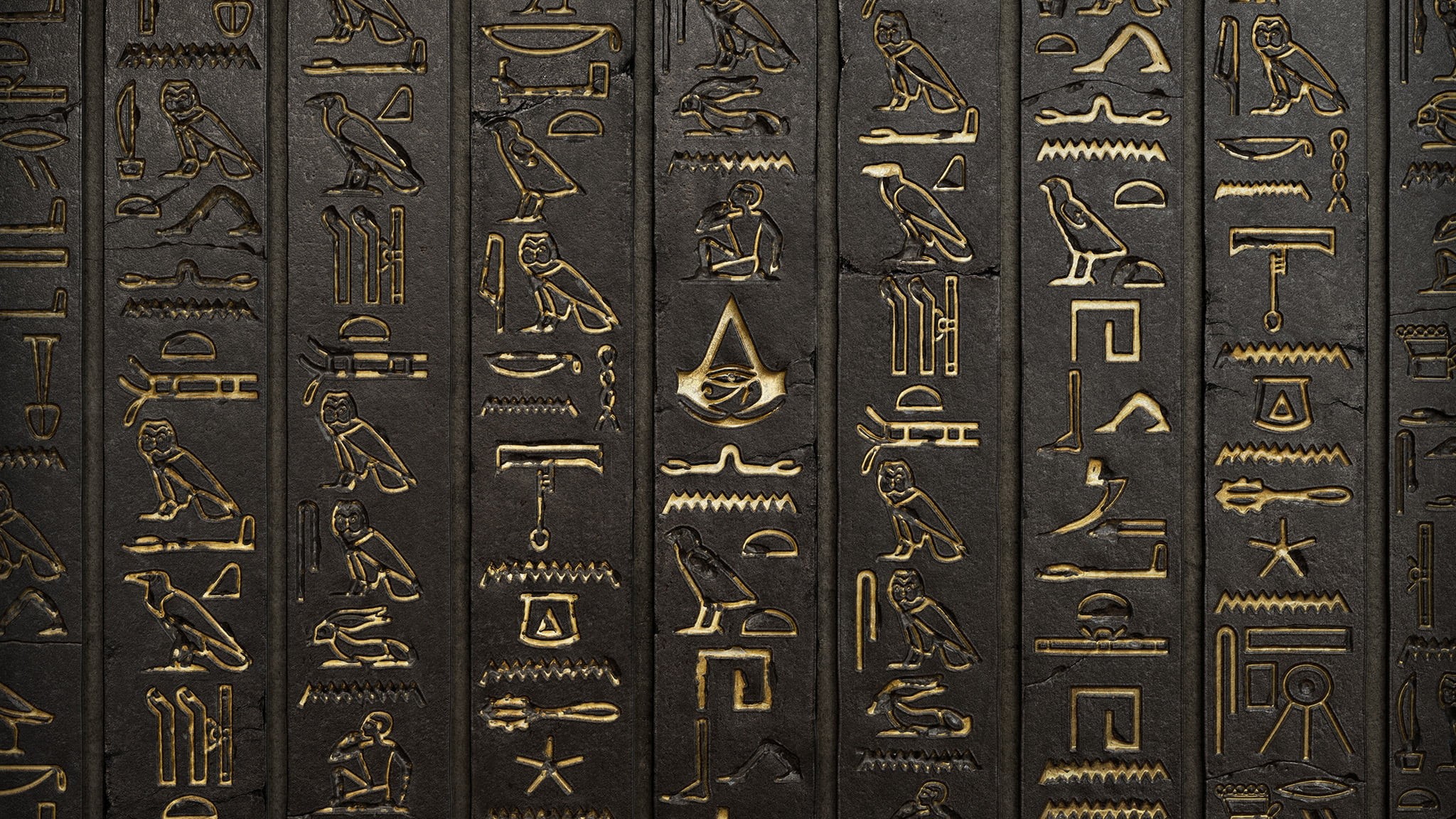 architecture, filed, black, digital art, Assassins Creed: Origins, number, hardbound, wall, indoors, 1080P, close-up, hieroglyphs, full frame, publication, HD Wallpaper
