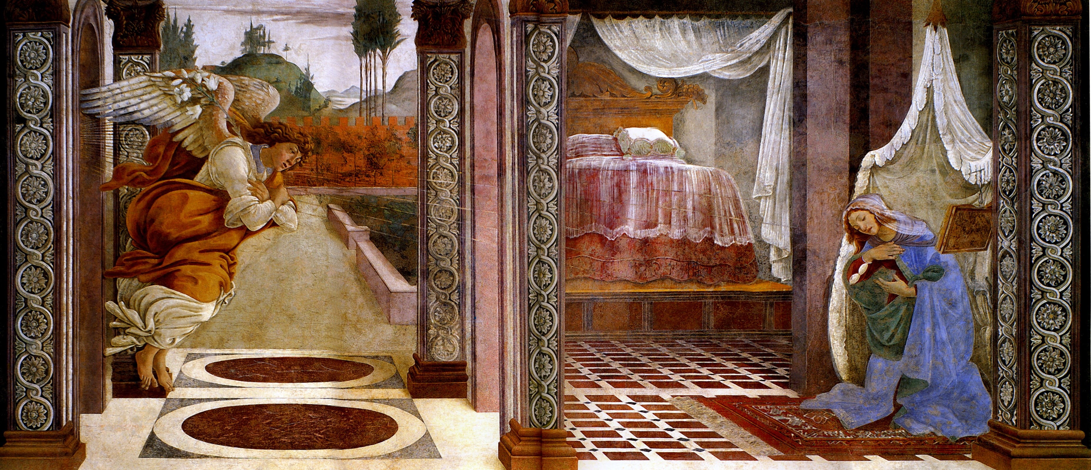 picture, 2K, Sandro Botticelli, The Annunciation, angel, mythology, religion, HD Wallpaper