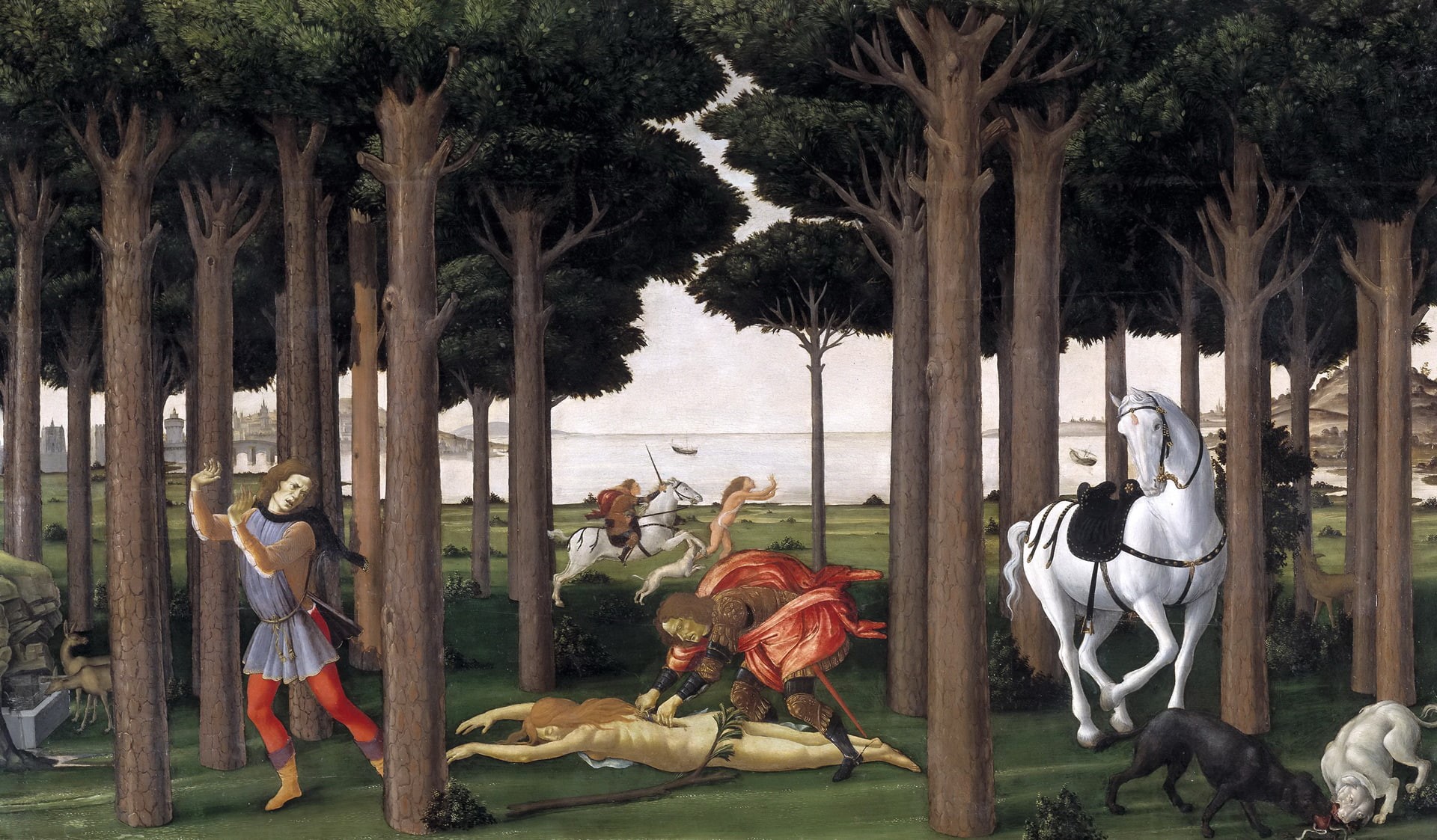 1080P, picture, mythology, History Nastagio Degli Onesti (II), mountains, dog, Sandro Botticelli, genre, sea, horse, trees, people, HD Wallpaper