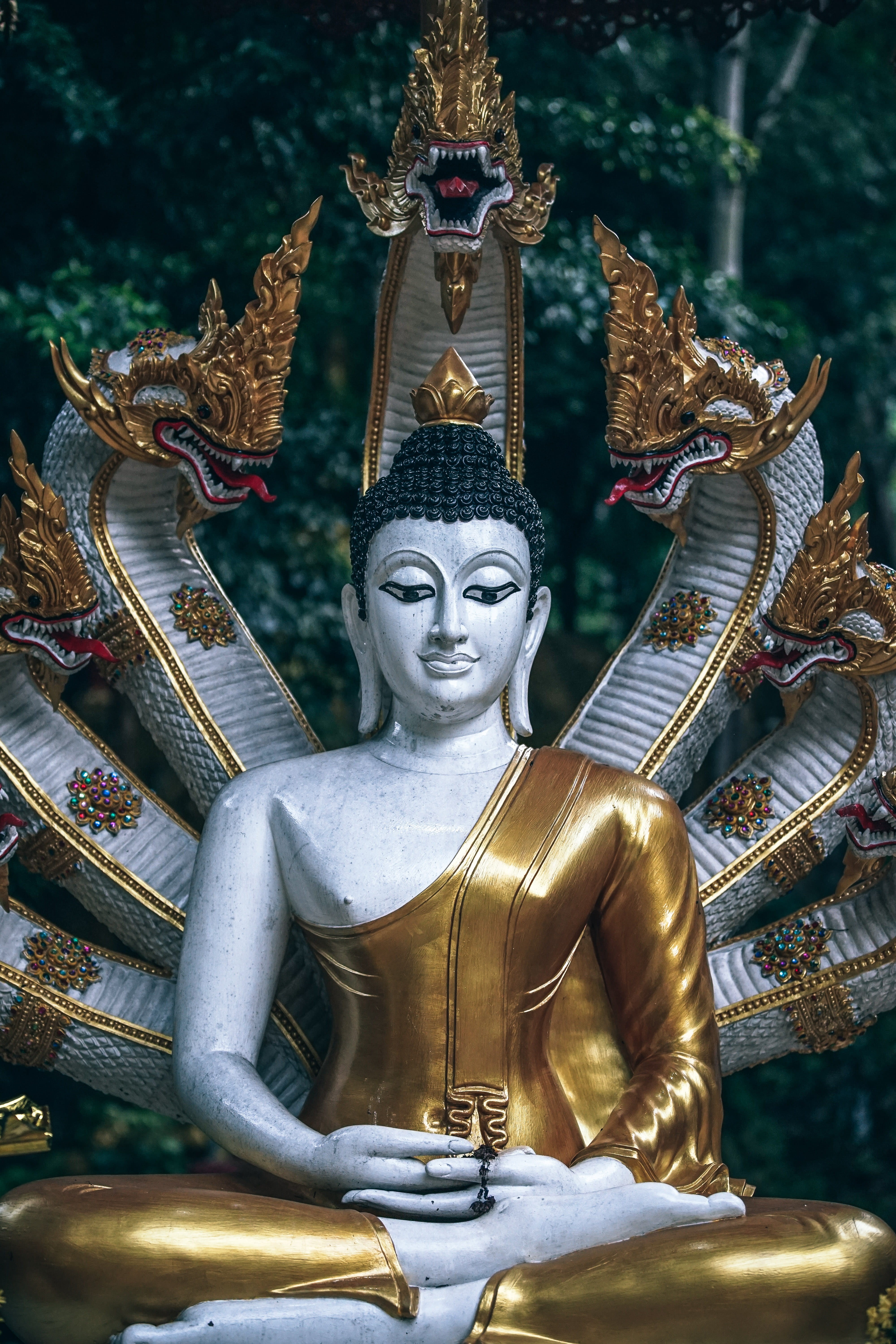 gold colored, tourism, macro, sculpture, angel, outdoor, temple, holy, religious, no people, statue, spiritual, landmark, golden, Asian, shrine, snake, Phone HD Wallpaper