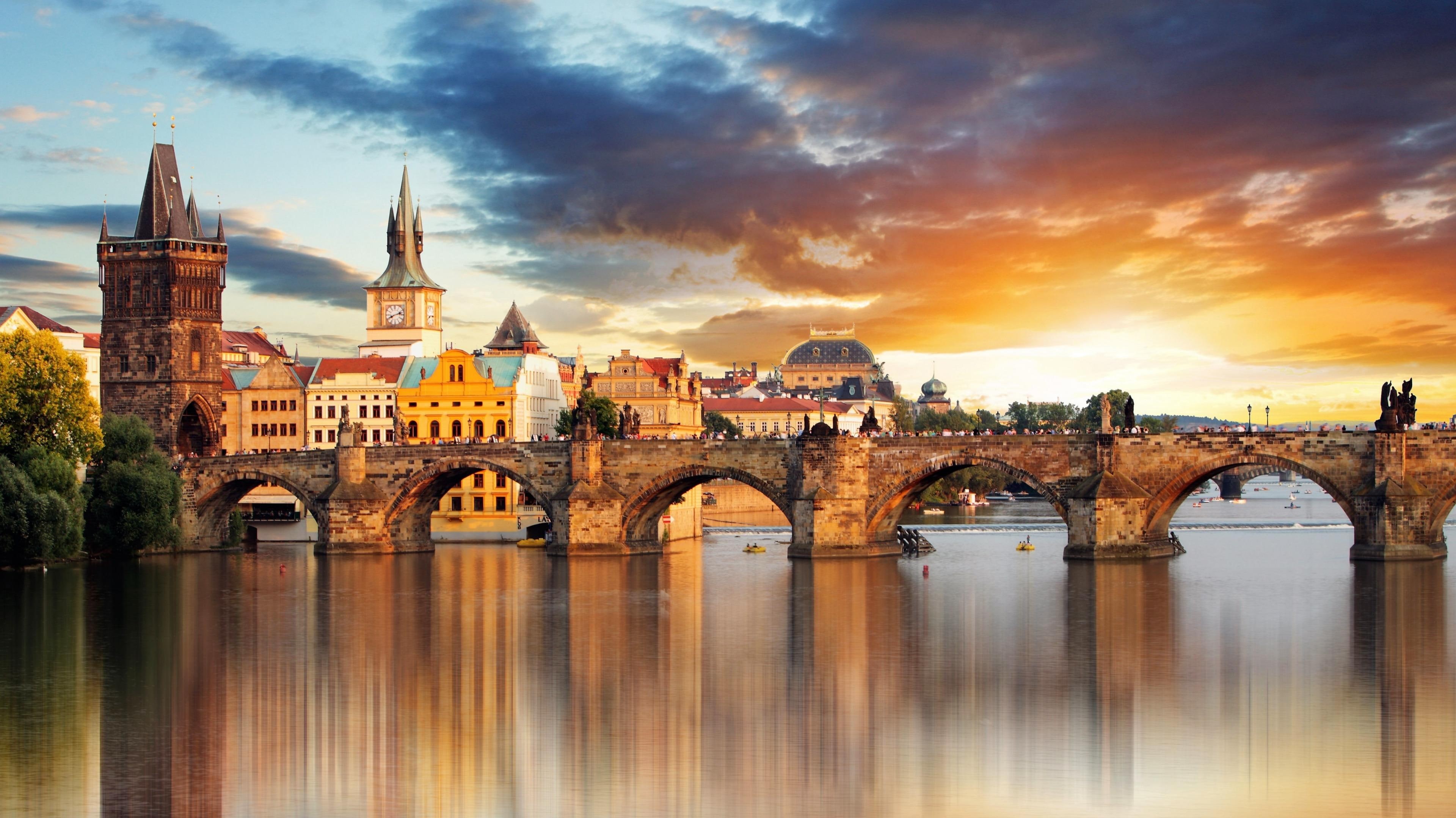 charles bridge, sky, europe, bridge, landmark, water, prague, city, river, tourist attraction, 4K, reflection, tourism, czech republic, cityscape, HD Wallpaper