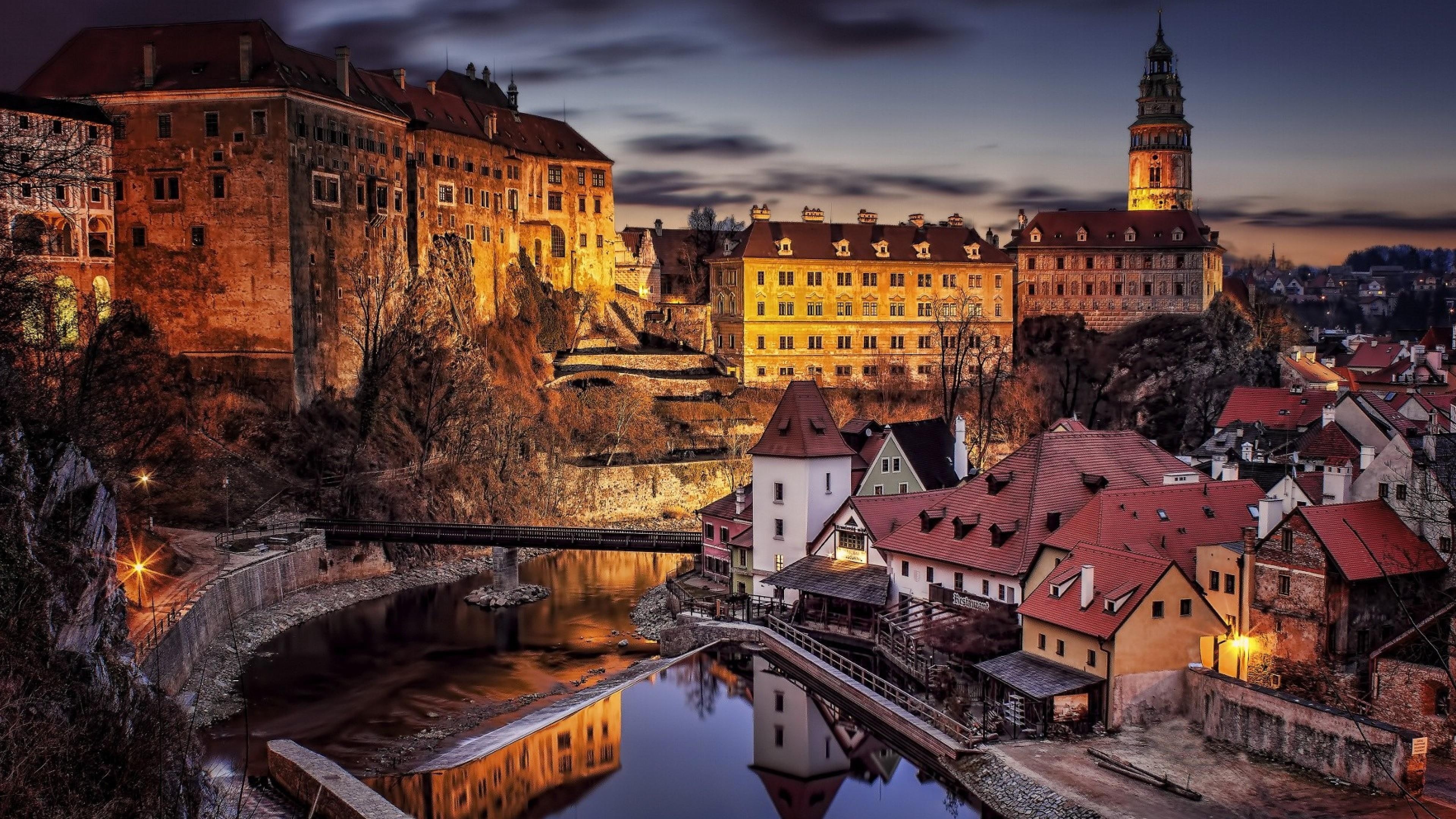 europe, evening, urban area, castle, reflection, czech, cesky krumlov, building, krumlov castle, landmark, water, tourism, vltava river, 4K, river, tourist attraction, HD Wallpaper