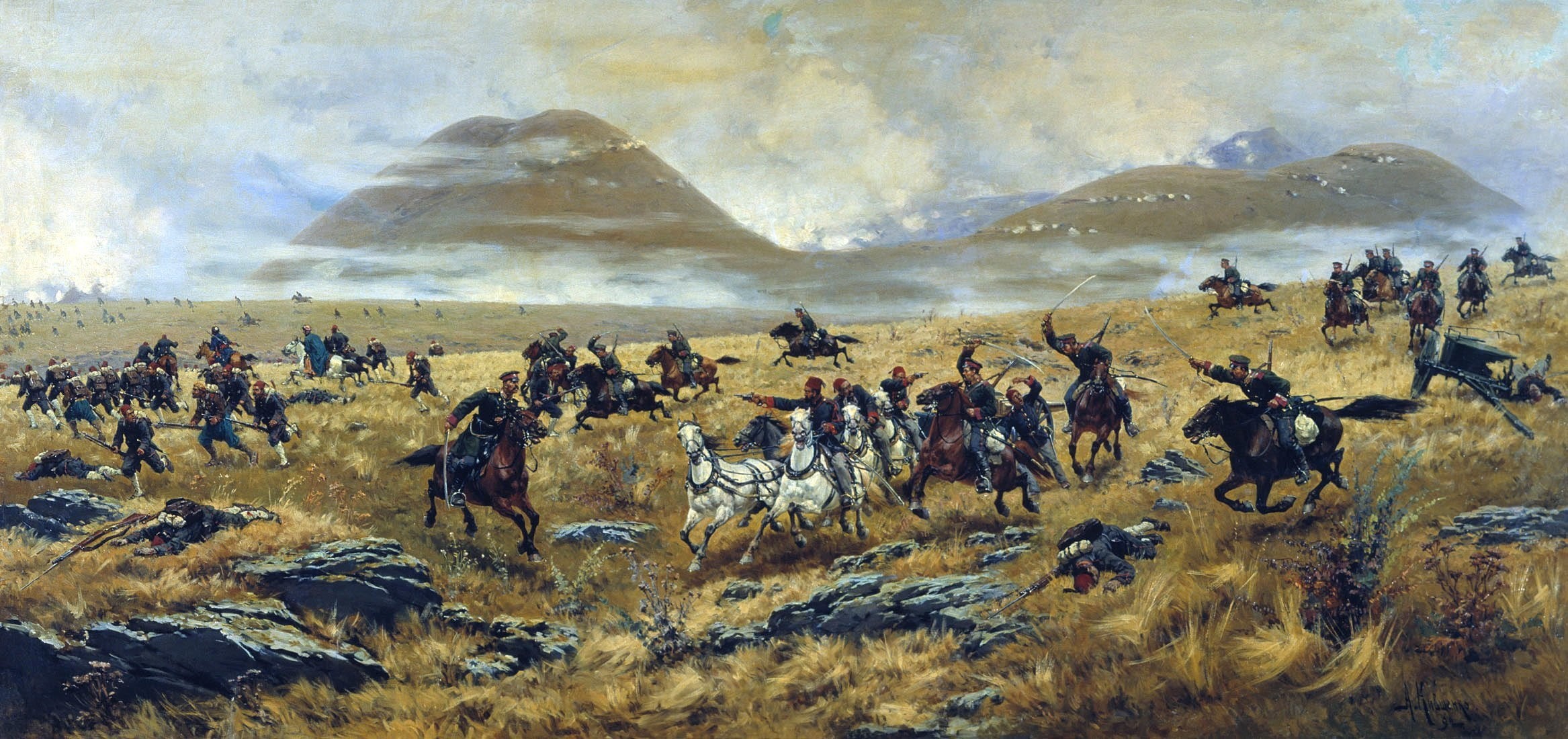 landscape, soldiers, artist, people, sky, animals In The Wild, large Group Of Animals, painting, fighting, Cossacks, animal, grass, Russian, mammal, herd, HD Wallpaper