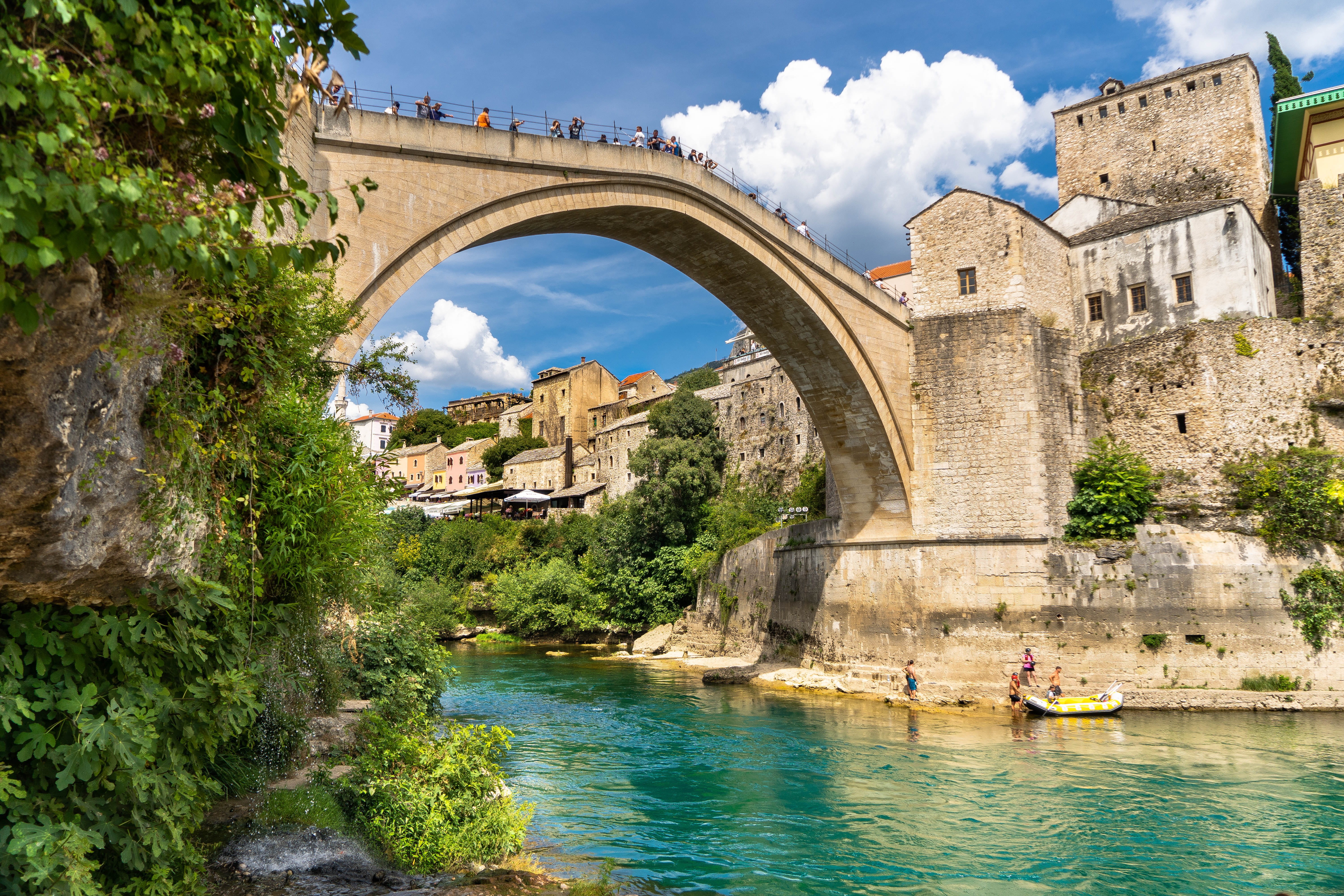 starimost, arch bridge, blue water, sarajevo, mostar, nature, building exterior, europe, bosnia and herzegovina, water, stari most, balkans, transportation, HD Wallpaper