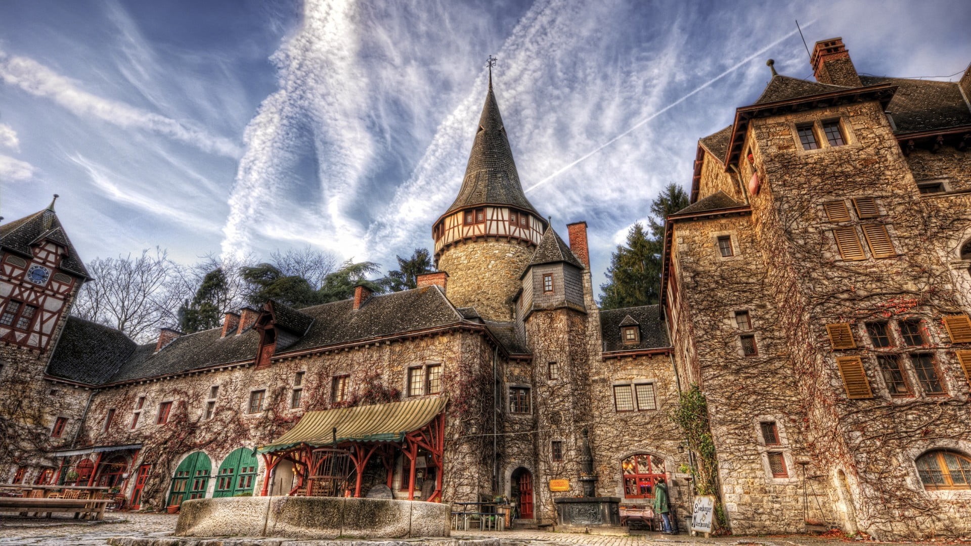 Eyneburg, concrete, branch, cloud - sky, place of worship, low angle view, religion, HDR, history, travel destinations, house, castle, the past, trees, HD Wallpaper