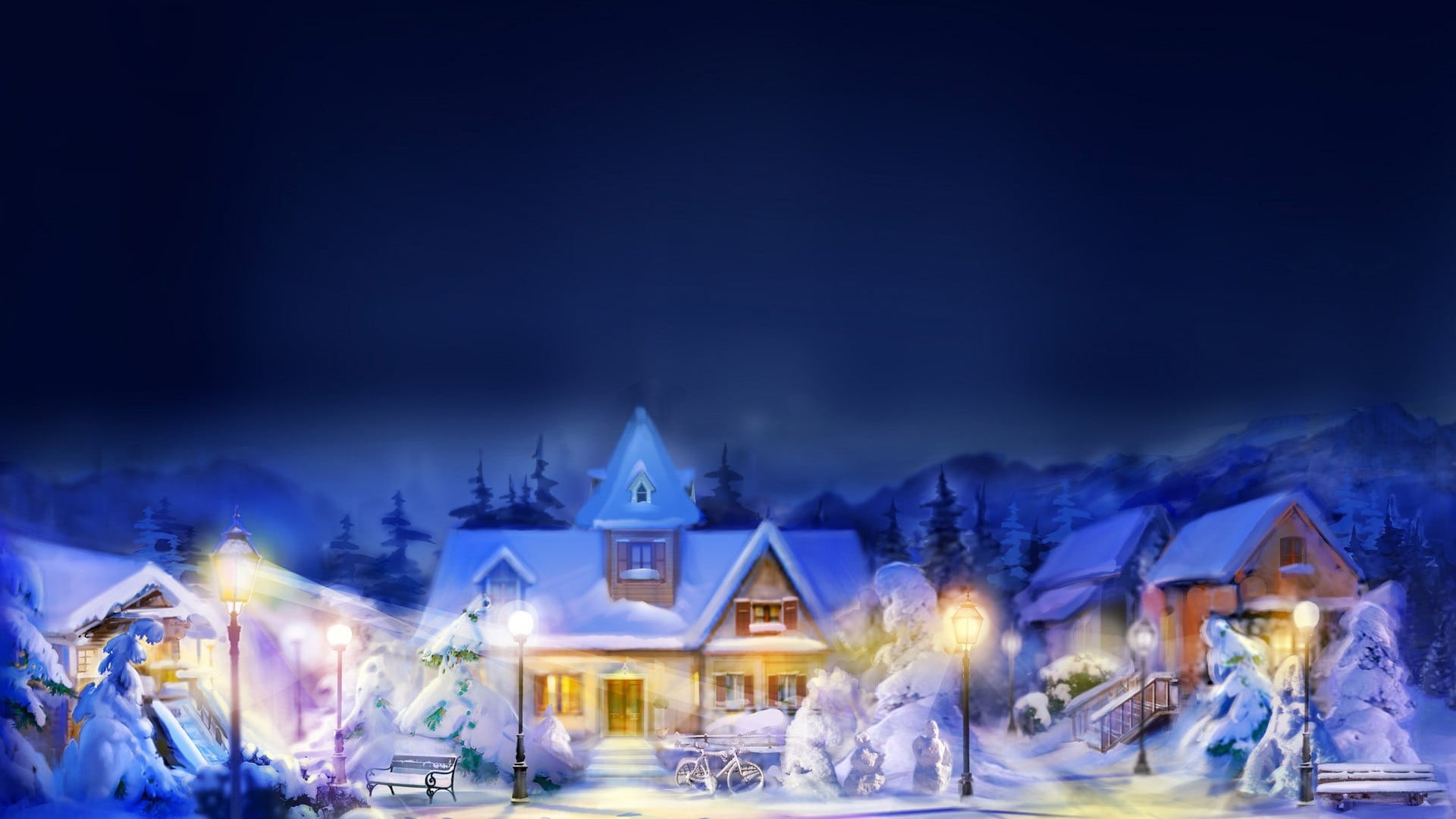 mountains, blurred motion, cold temperature, outdoors, winter, bench, brown, building, house, built structure, Christmas, houses, celebration, lights, holiday - event, HD Wallpaper
