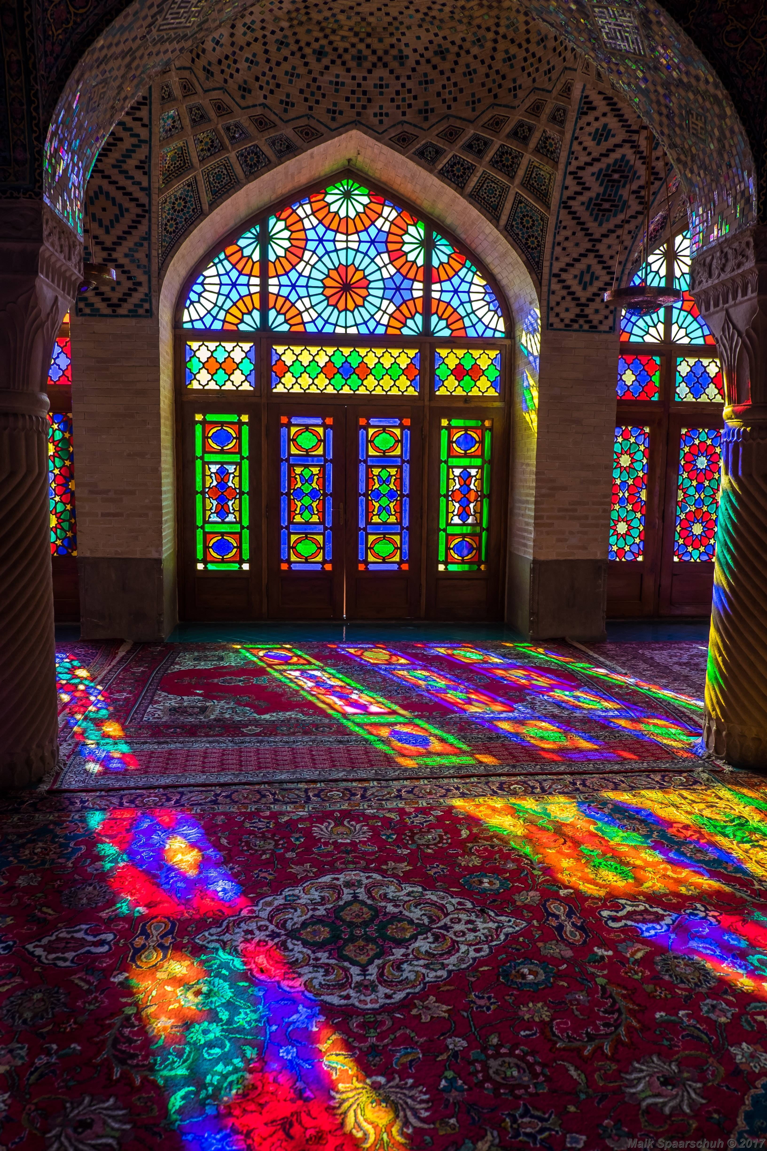 sun, shiraz, 4K, floral pattern, pattern, indoors, glass - material, day, religion, arch, glass, mosque, spirituality, no people, architecture, window, Phone HD Wallpaper