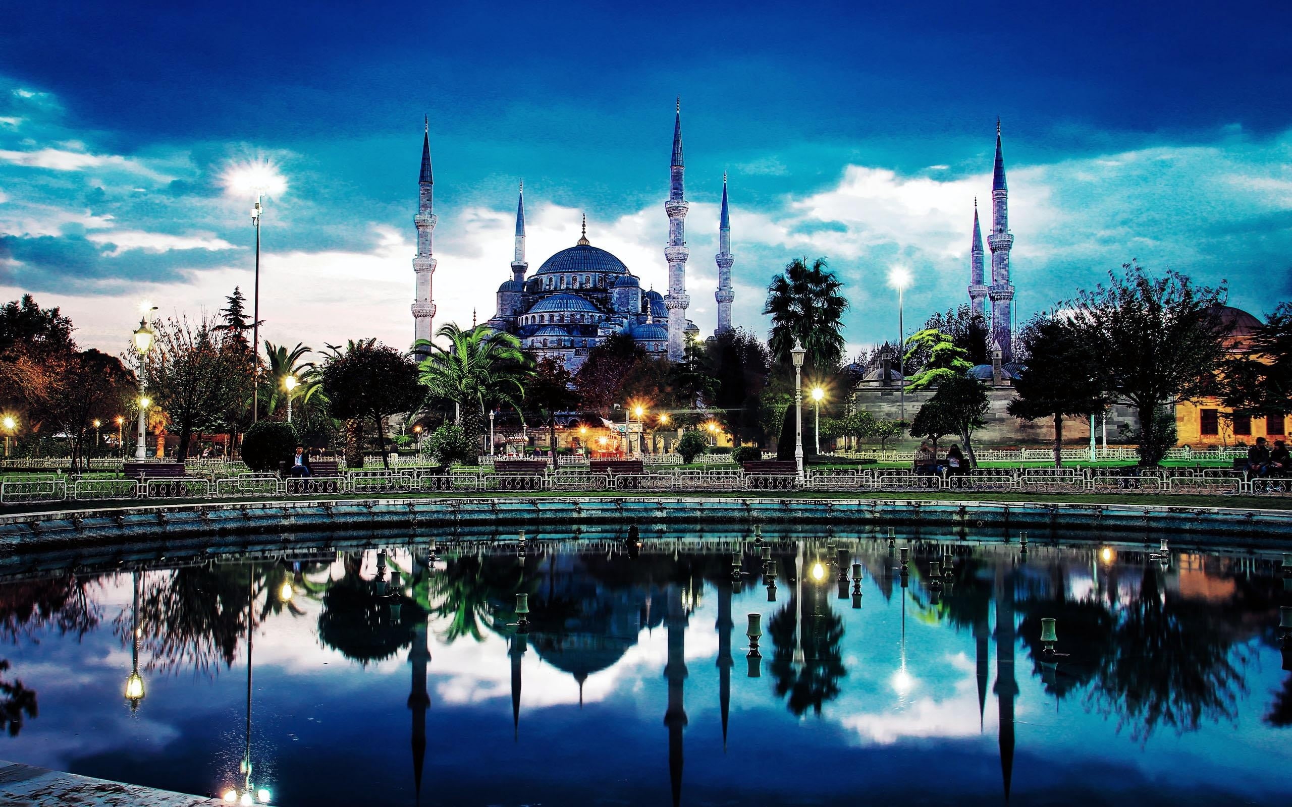 architecture, belief, built structure, nature, water, no people, outdoors, Istanbul, travel, place of worship, cloud - sky, Islamic architecture, reflection, HD Wallpaper