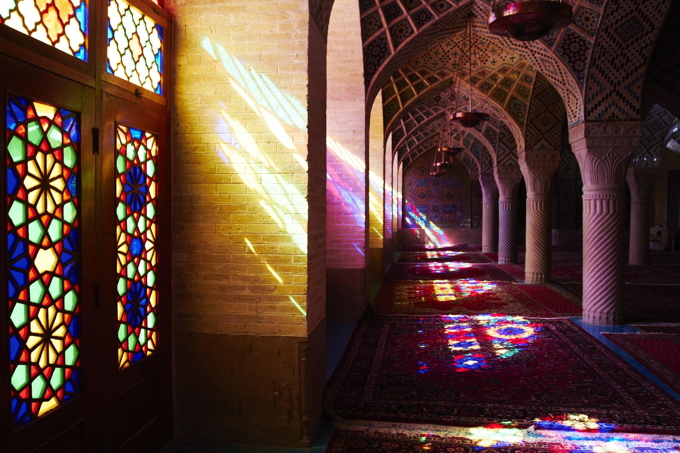building, stained glass, no people, decoration, floral pattern, carpets, architectural column, architecture, old building, Islamic architecture, illuminated, HD Wallpaper