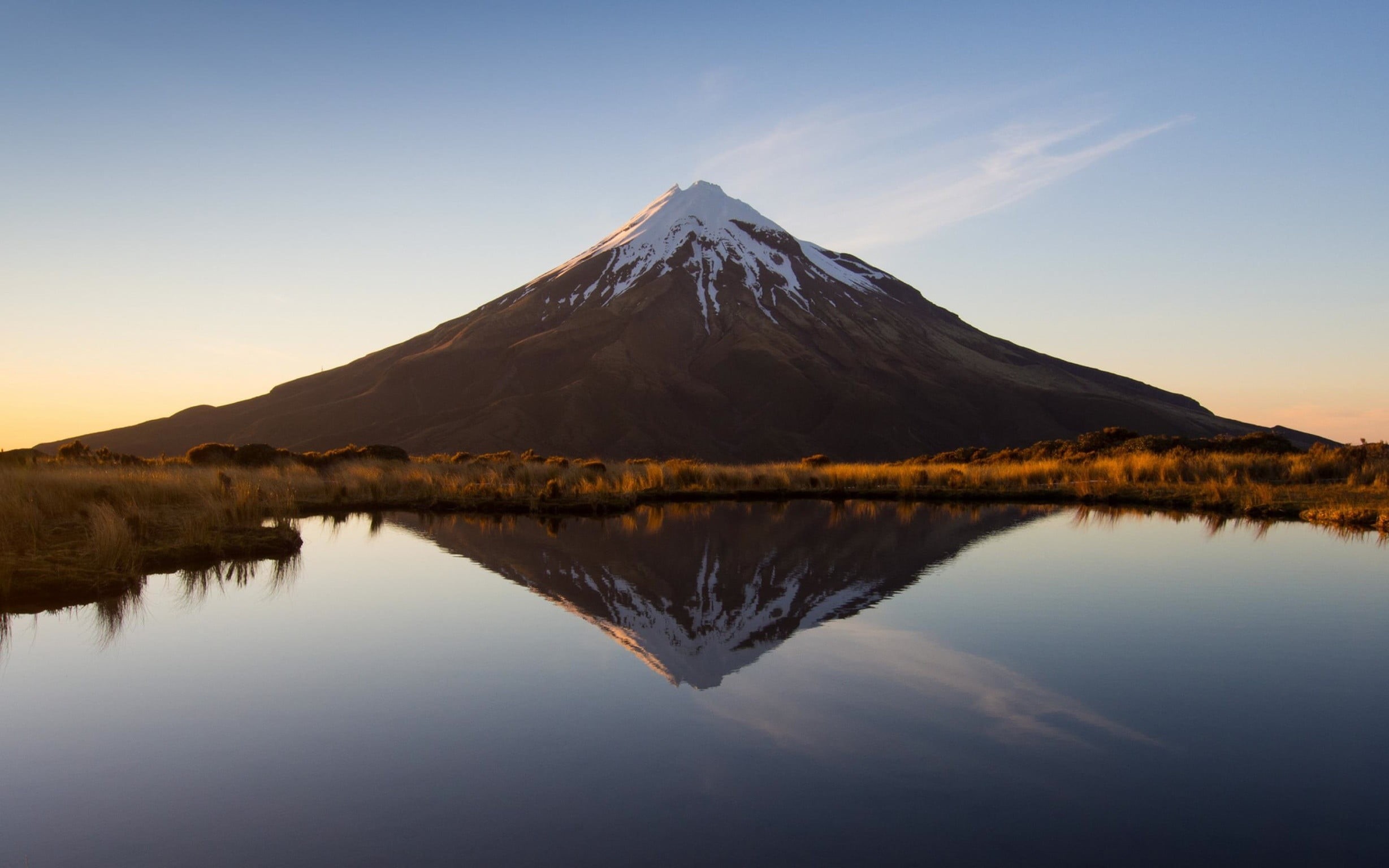snow, snowcapped mountain, reflection, mountain peak, waterfront, no people, outdoors, brown, nature, sky, mountain, Mount Fuji, tranquil scene, symmetry, HD Wallpaper