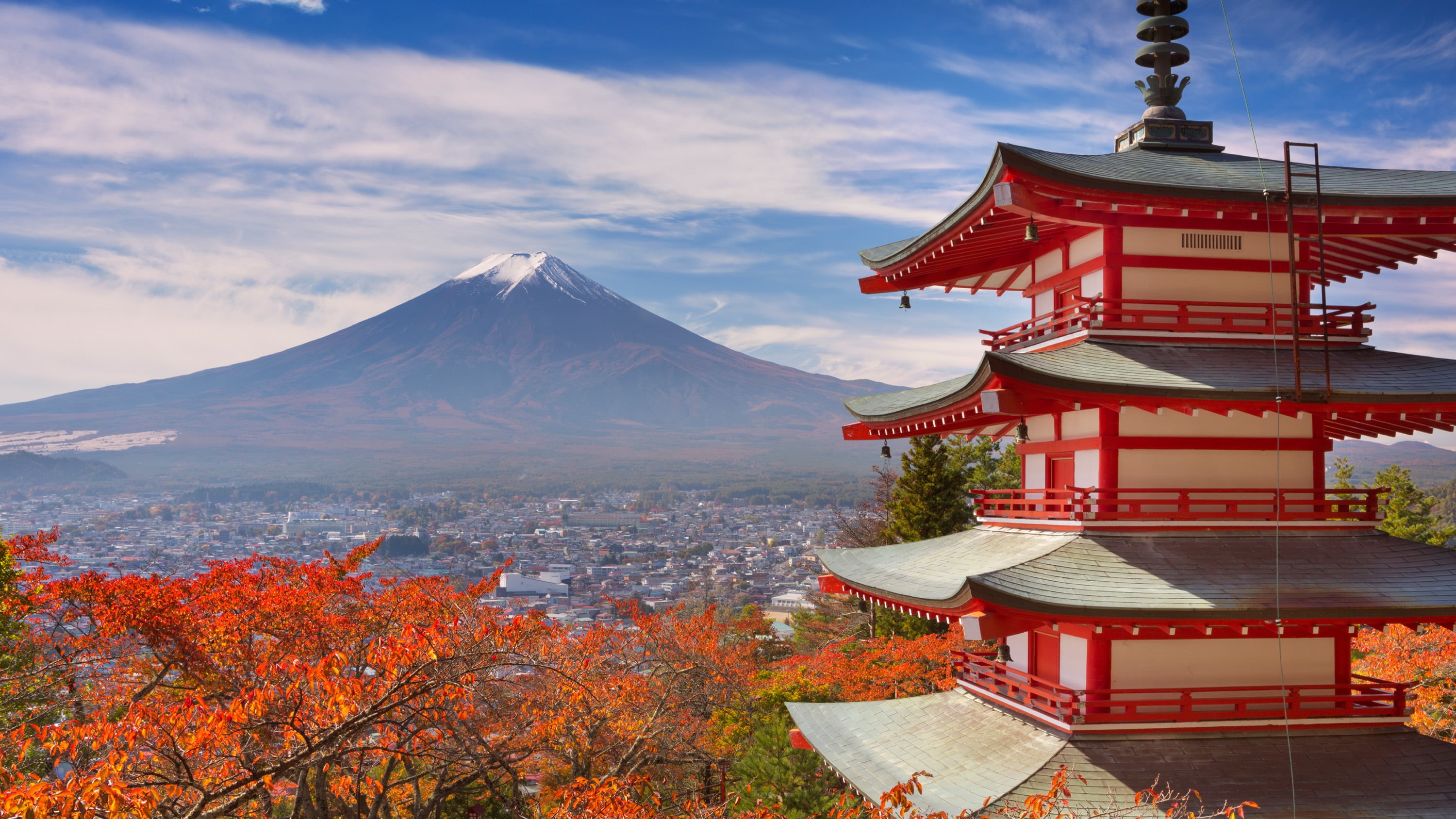 architecture, scenics - nature, nature, volcano, red leaves, outdoors, cloud - sky, fall, Mount Fuji, day, red, belief, spirituality, sky, mountain, travel destinations, HD Wallpaper