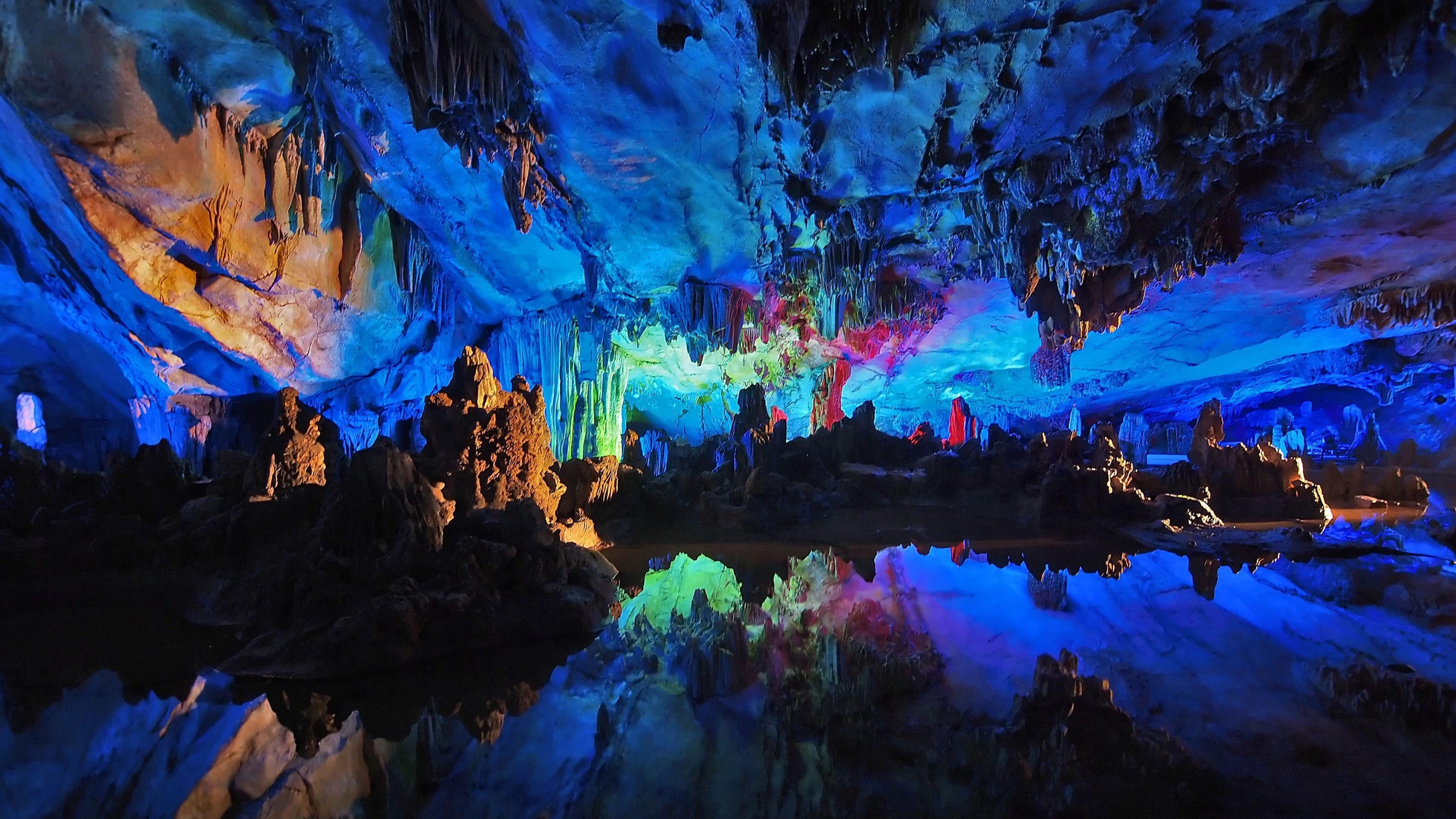 nature, guangxi, 4K, eroded, china, formation, rock formation, blue, limestone, tourist attraction, caving, tourism, beauty in nature, surreal, reflection, HD Wallpaper