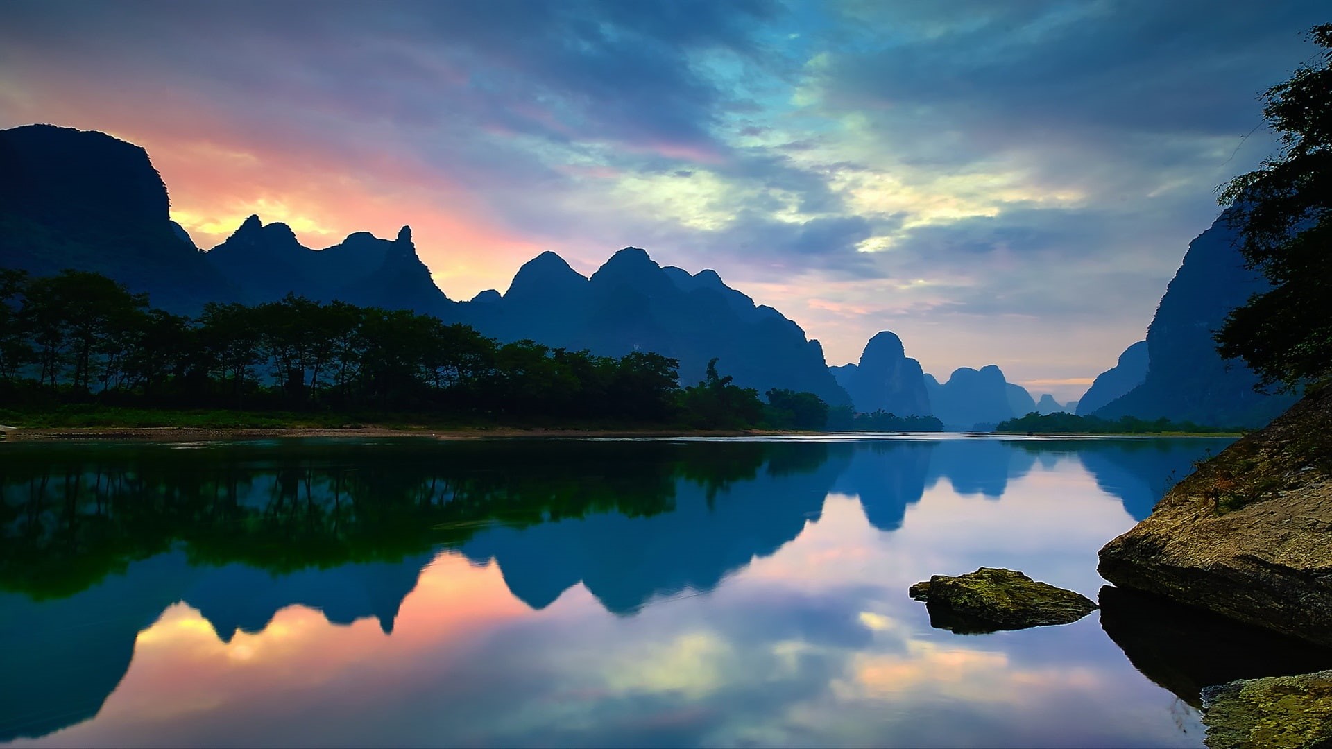 Guangxi, Lijiang, 1080P, Yangshuo, Sunset, Mountains, River, China, Water, Reflection, HD Wallpaper