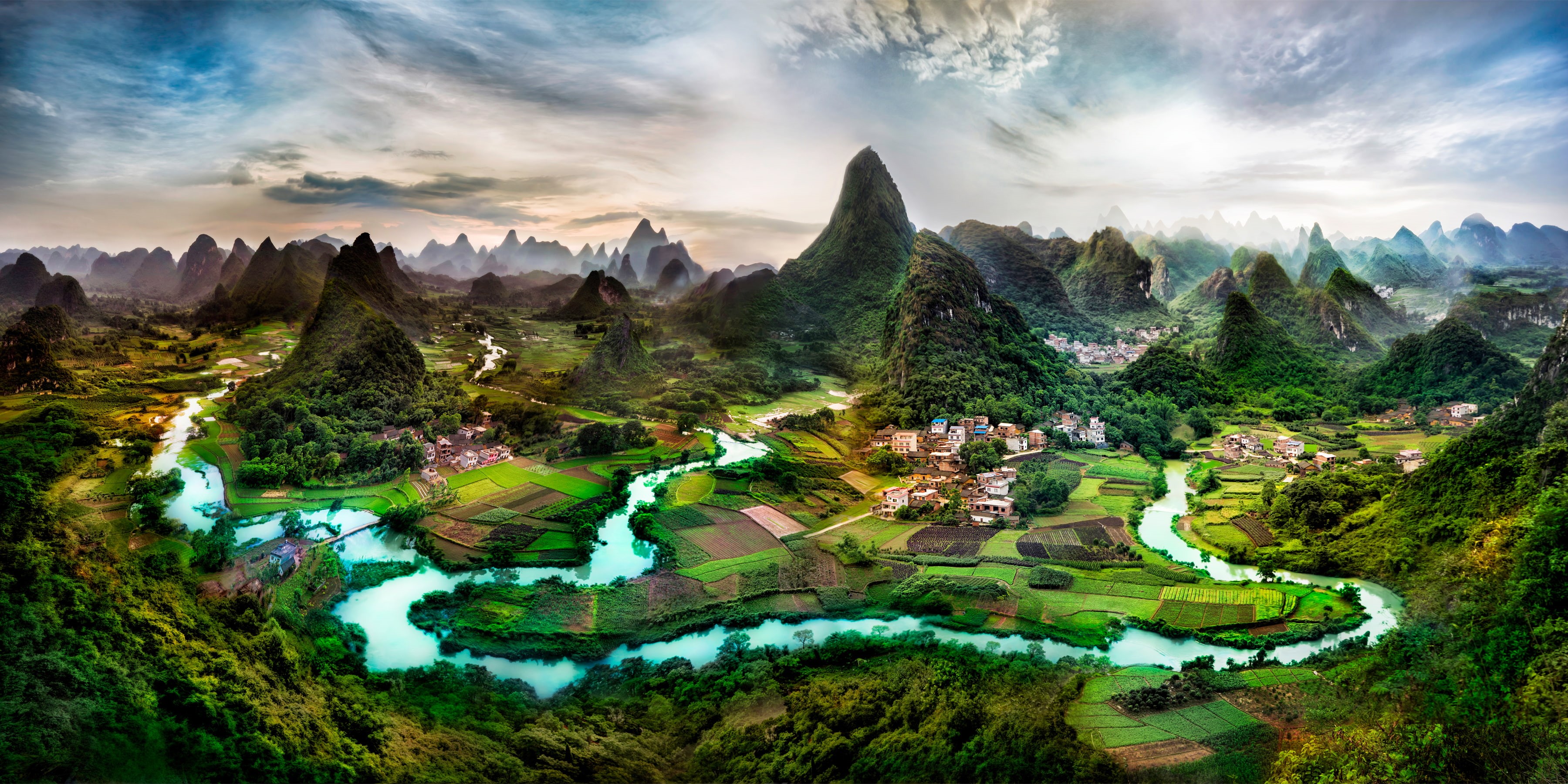 cultures, land, scenics - nature, journey, sunrise - Dawn, leafed, famous Place, rice - Cereal Plant, green Color, travel Destinations, Guangxi, 2K, outdoors, HD Wallpaper