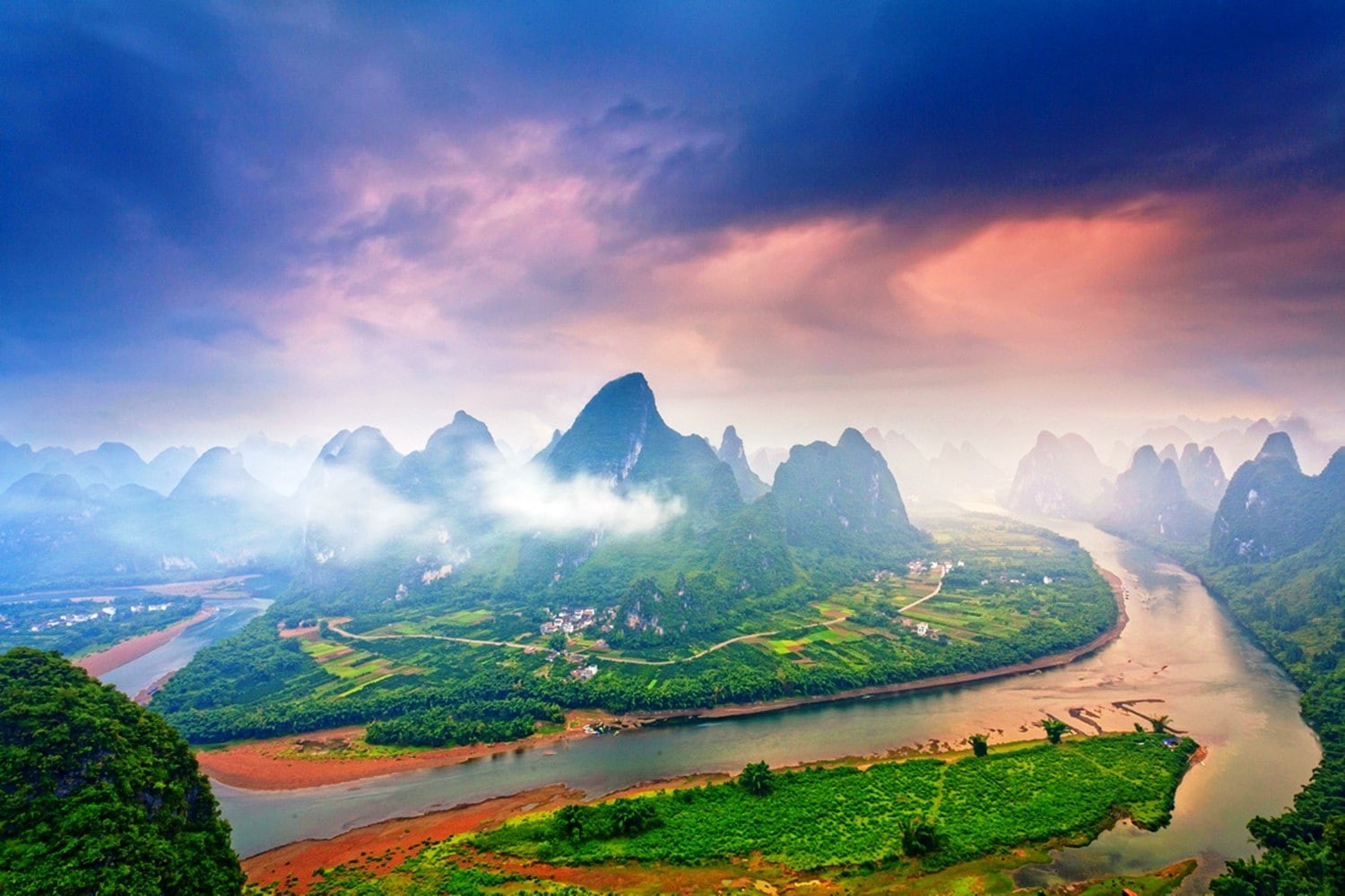 outdoors, river, environment, plant, clouds, mountain range, 720P, mountain, morning, field, China, agriculture, beauty in nature, tranquil scene, road, HD Wallpaper