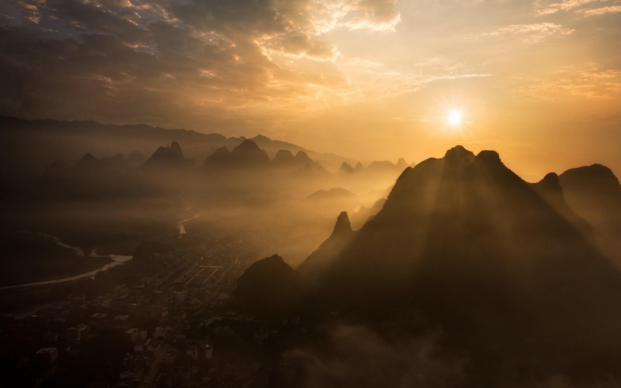nature, sky, landscape, clouds, sun, mountain, idyllic, Guilin, mist, China, beauty in nature, mountain range, scenics - nature, mountain peak, cloud - sky, HD Wallpaper