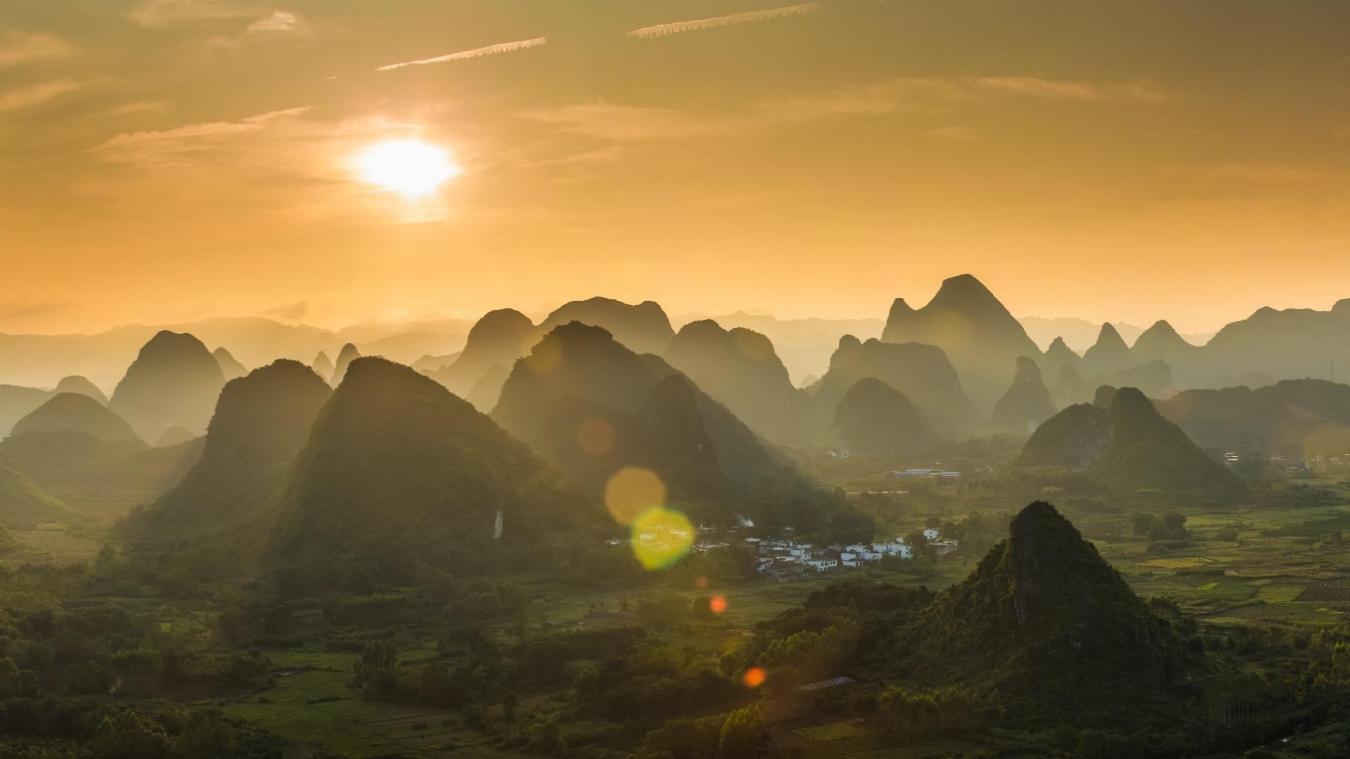 non-urban scene, guilin, no people, orange color, tranquility, mountain peak, karst, peaks, environment, landscape, scenics - nature, sky, cloud - sky, HD Wallpaper