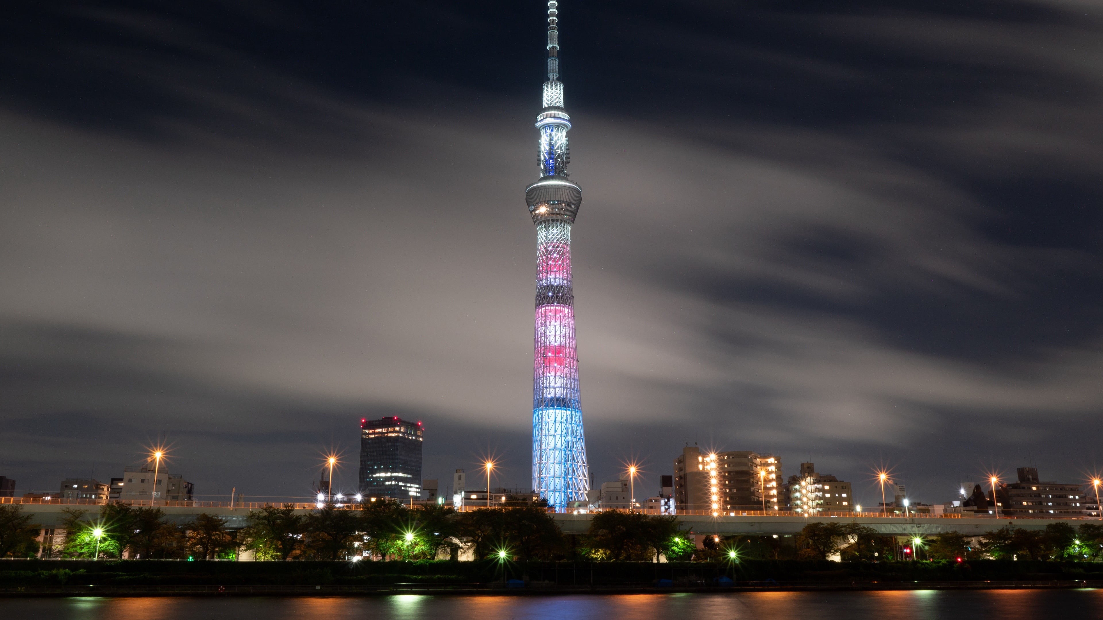 sky tree tower, outdoors, tall - high, building exterior, asia, no people, asahi tower, cloud - sky, illuminated, building, landscape, skyline, tokyo, built structure, HD Wallpaper