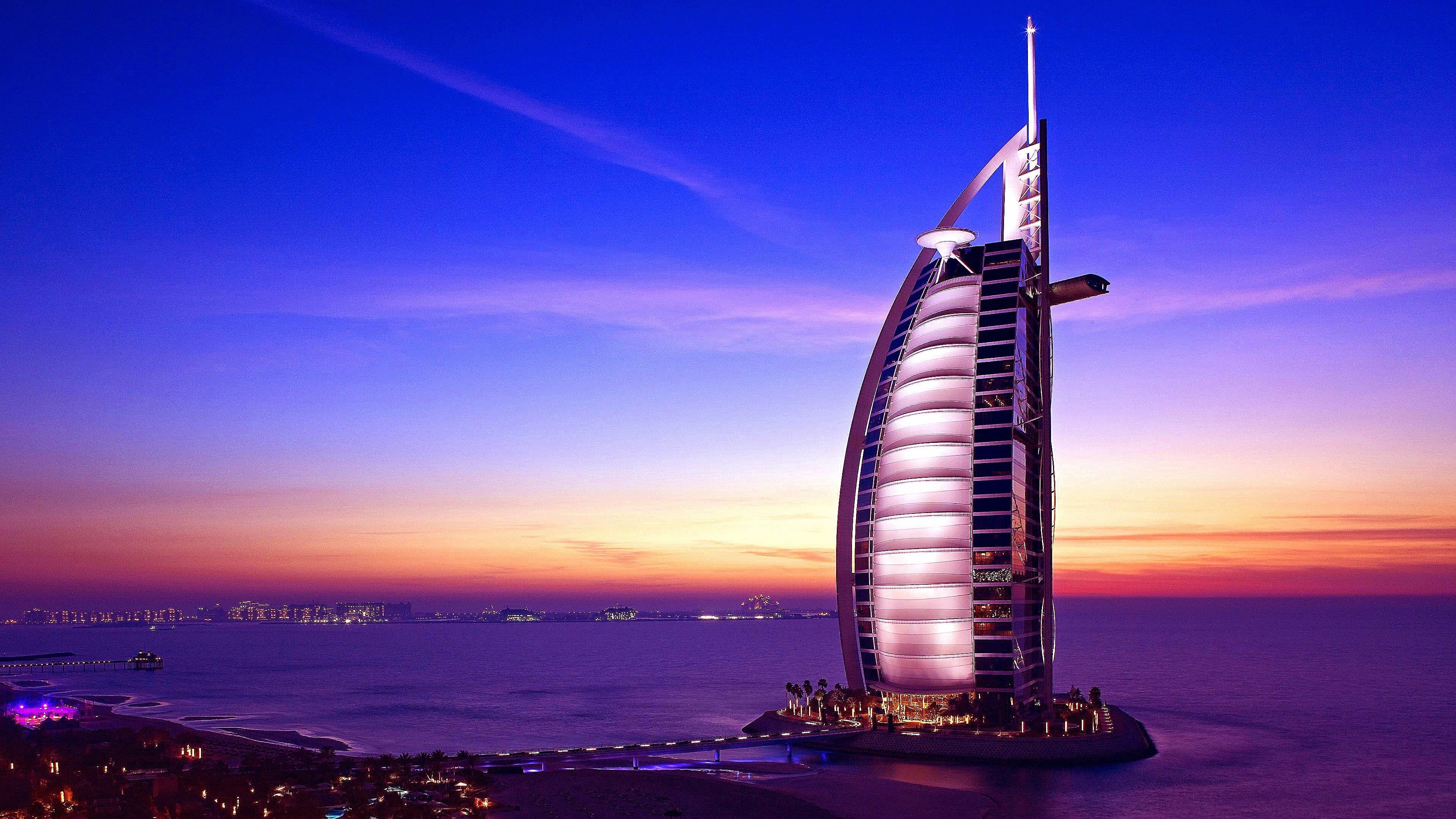 night, twilight, no people, artificial island, 4K, purple, united arab emirates, sea, built structure, cityscape, sunset, blue, sky, building, bay, asia, HD Wallpaper