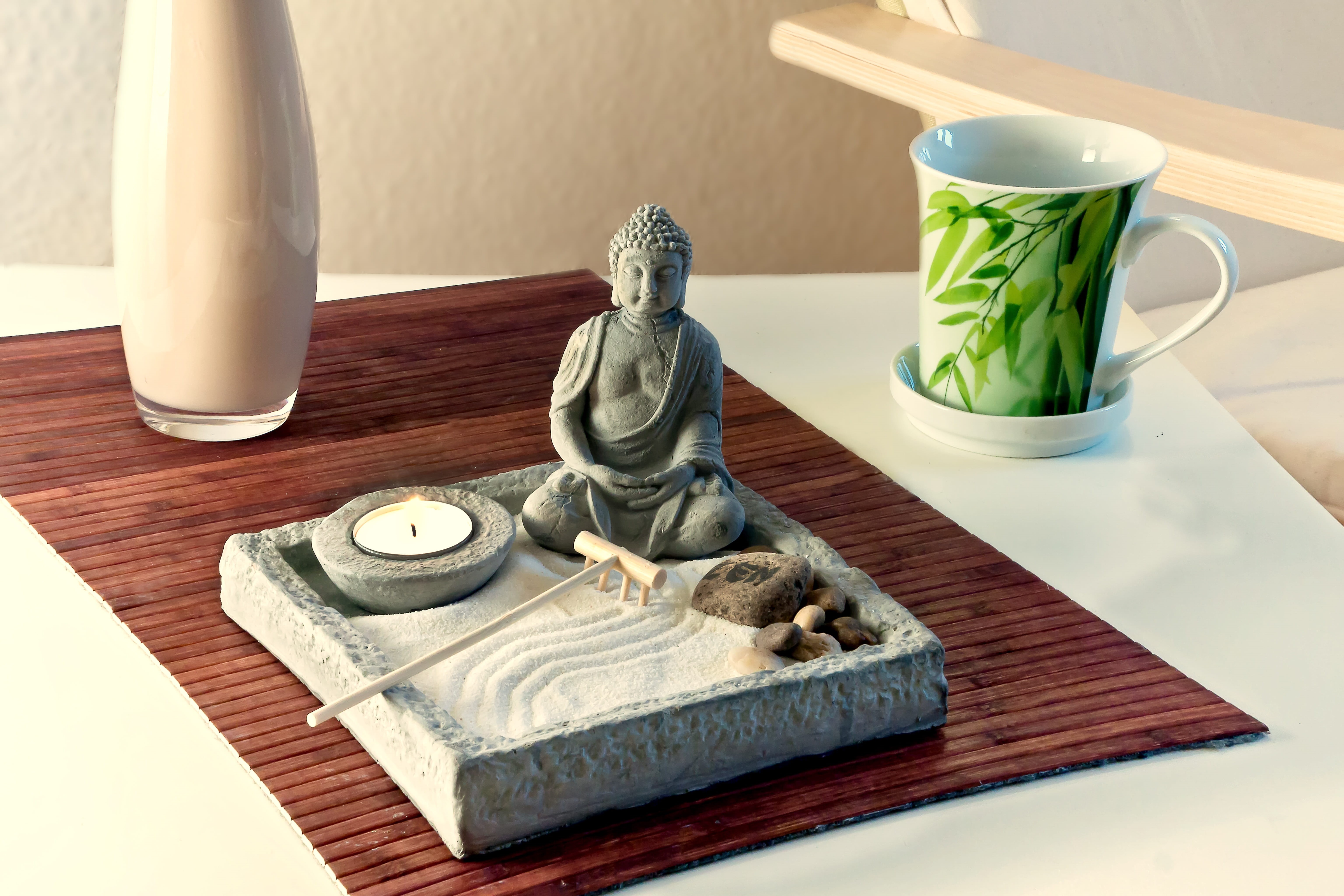 tea, temple, pray, meditation, day, male likeness, table, drink, asia, zen, meditate, representation, relaxation, yin and yang, cup, no people, figurine, HD Wallpaper