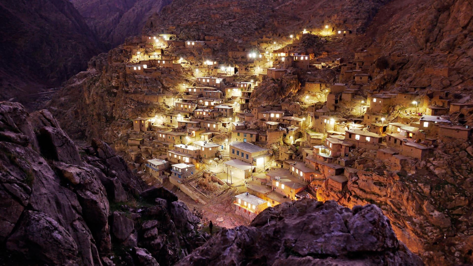 solid, geology, tourism, village, iran, building exterior, glowing, landscape, cave, travel destinations, night, water, outdoors, palangan, physical geography, HD Wallpaper