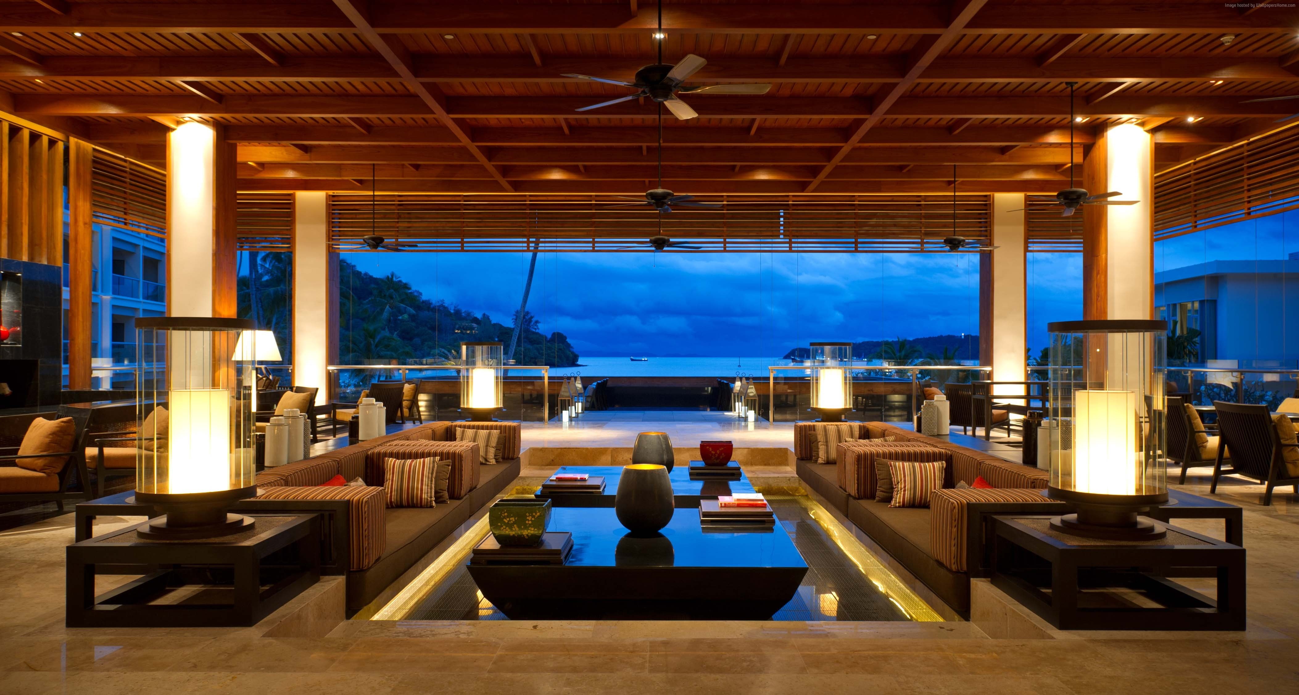 resort, wealth, indoors, lighting equipment, 4K, Panwa Beach Resort, sofa, seat, table, night, furniture, booking, vacation, Best hotels, no people, illuminated, HD Wallpaper