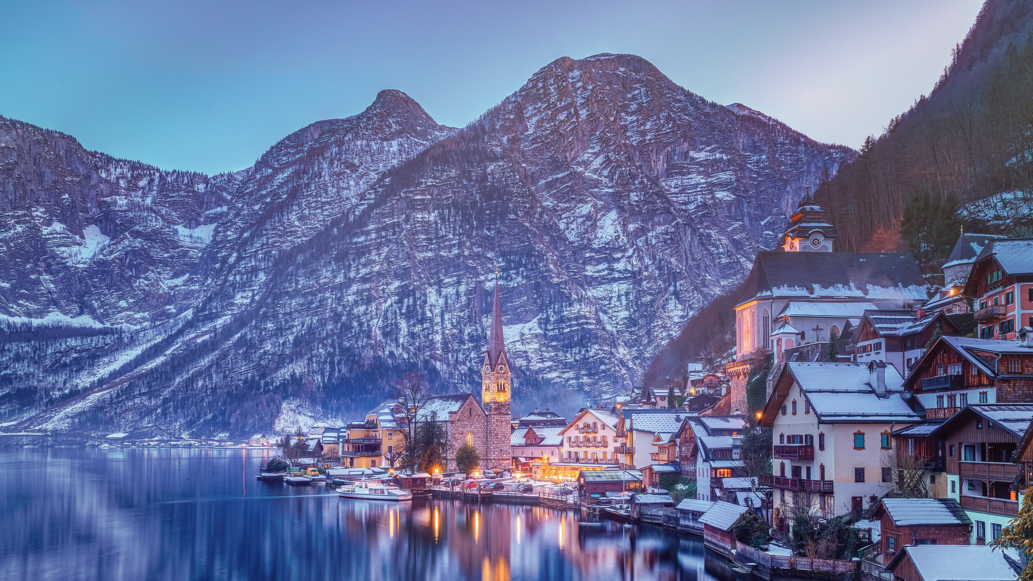 gray, sky, snowcapped mountain, lake, reflection, beauty in nature, plant, built structure, Alps, mountains, Austria, Hallstatt, winter, building, nature, HD Wallpaper