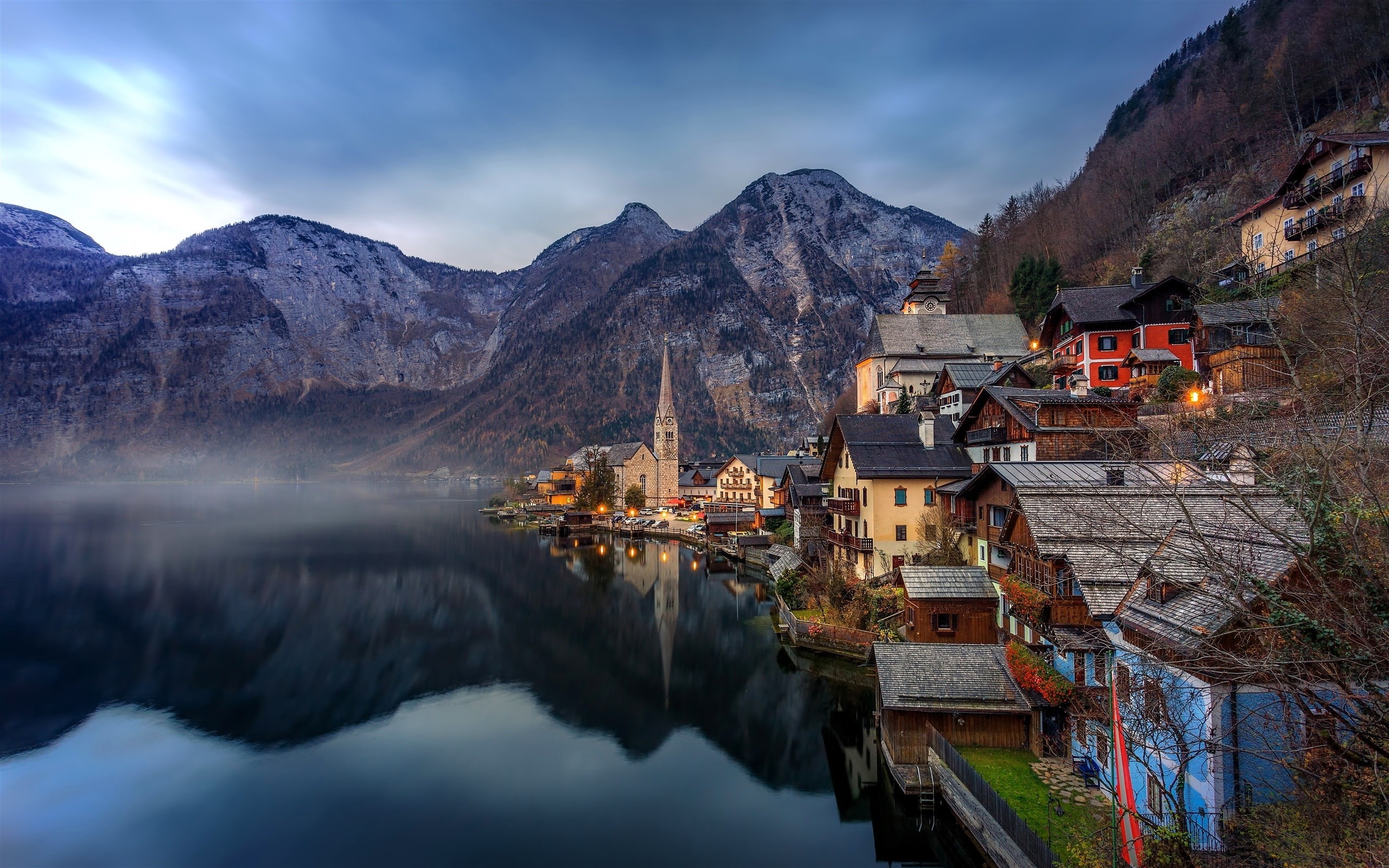 Austria, Lake, 2K, Dawn, Town, Houses, Alps, Beautiful, Hallstatt, Mountains, HD Wallpaper