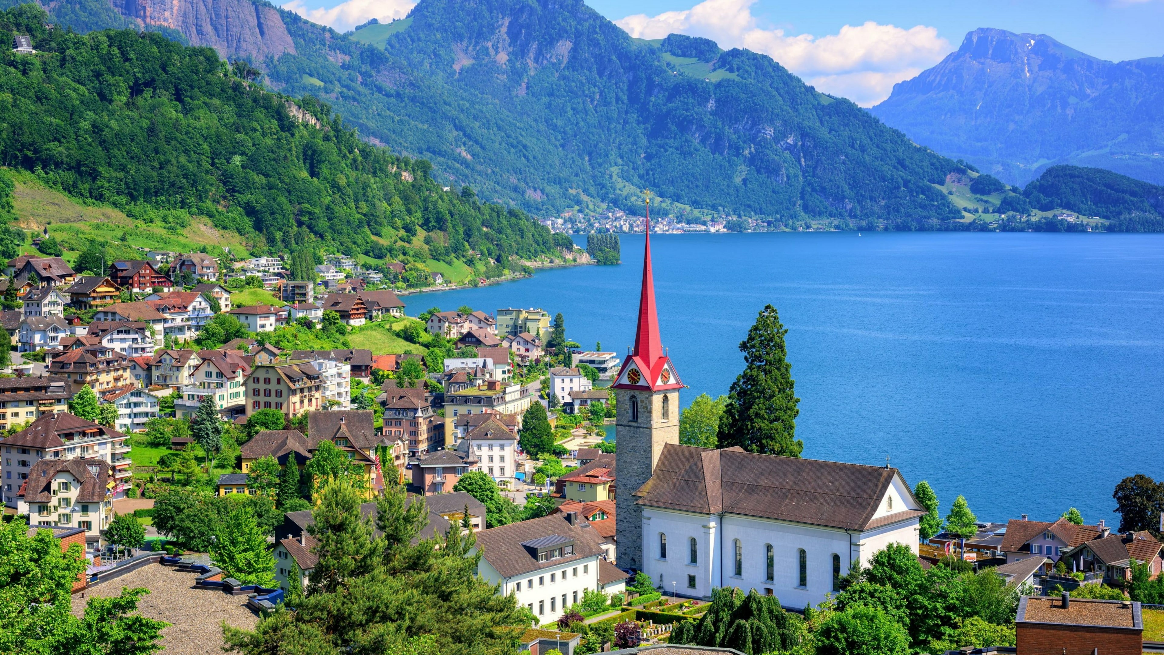 alps, mountain village, lake, weggis, switzerland, st mary church, church, water, swiss alps, lake lucerne, mountain, mountain lake, coast, mount scenery, HD Wallpaper