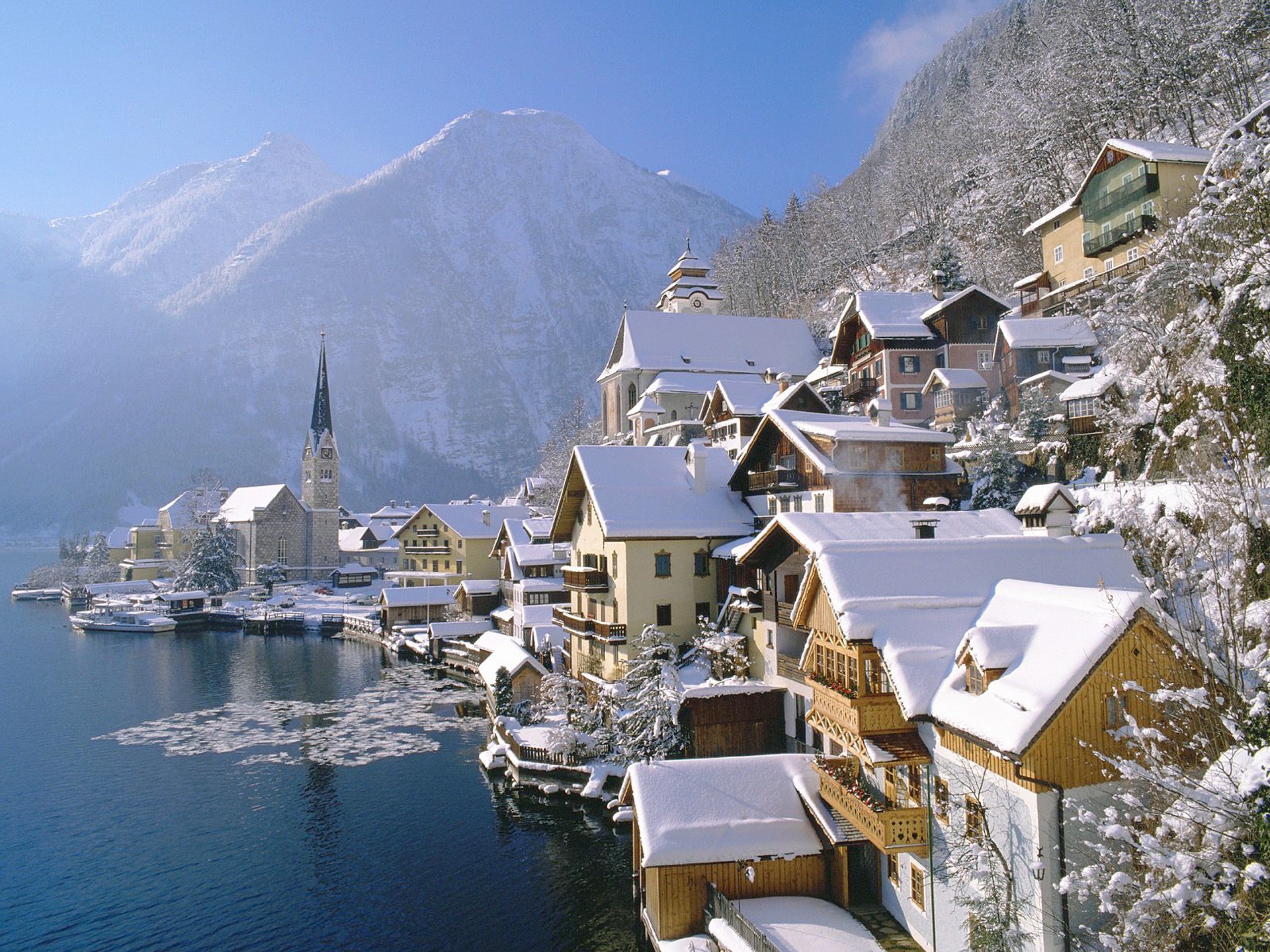 town, winter, mountains, Austria, 2K, Bad Goisern, HD Wallpaper