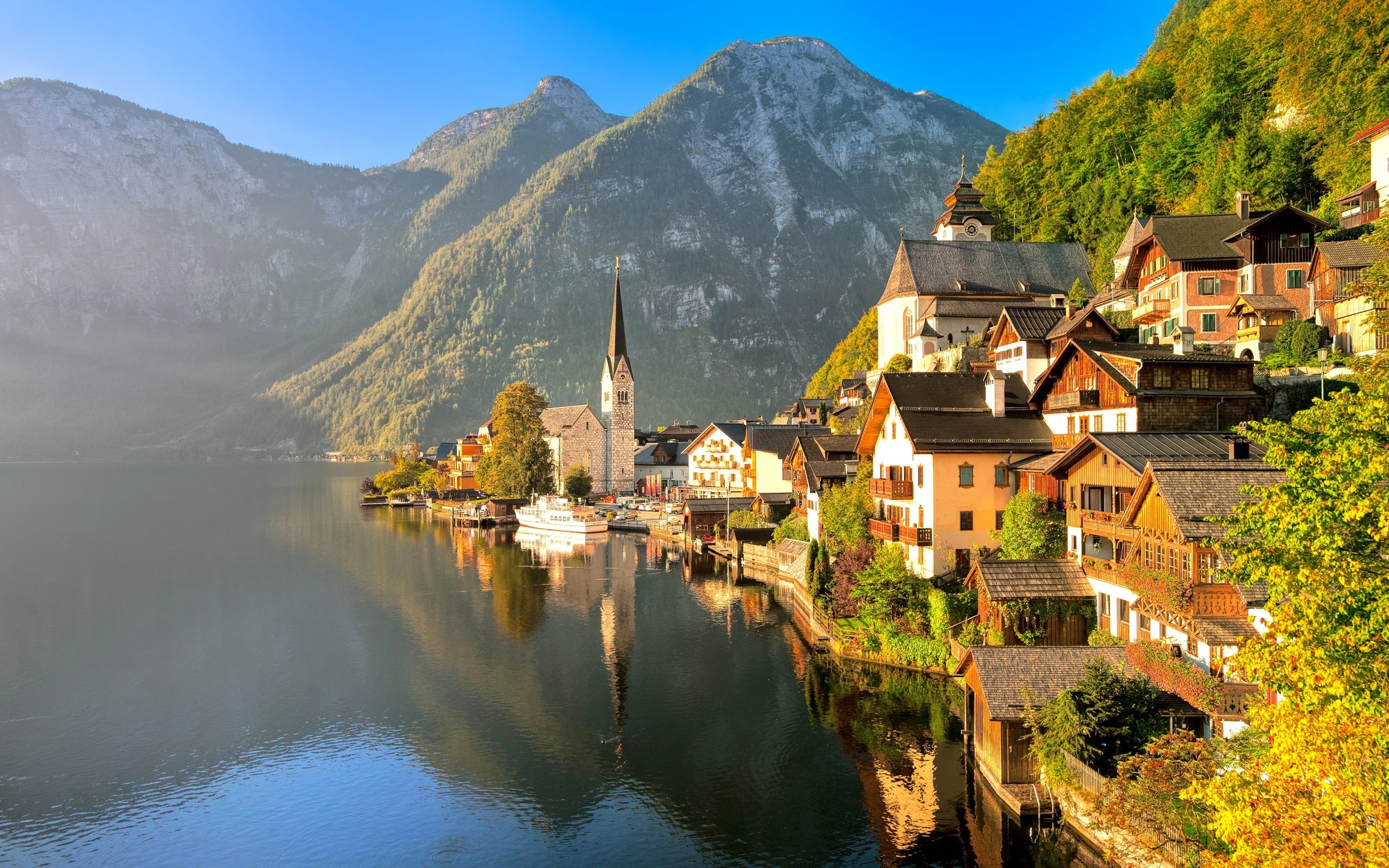 Hallstatt, House, Mountains, 2K, Lake, Sunlight, Salzkammergut, Autumn, Austria, HD Wallpaper