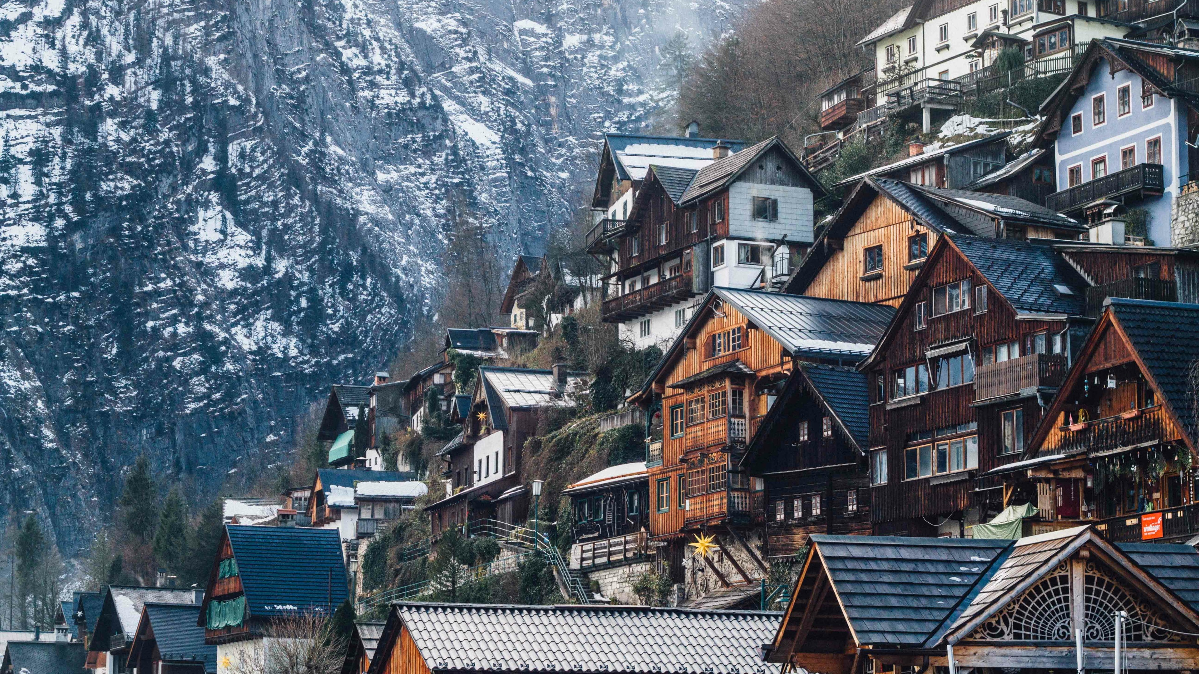 eu, mountain village, snow, village, city, 4K, tourism, austria, winter, house, europe, sky, mountain, neighbourhood, home, tree, hallstatt, tourist attraction, HD Wallpaper
