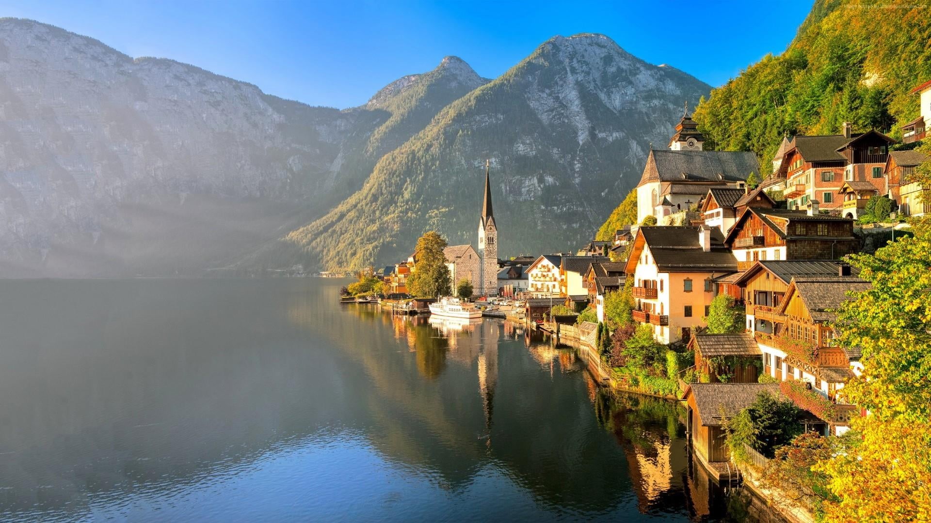 beauty in nature, architecture, town, hallstatt, building exterior, scenics - nature, reflect, day, water, no people, resort, house, 1080P, nature, residential district, HD Wallpaper